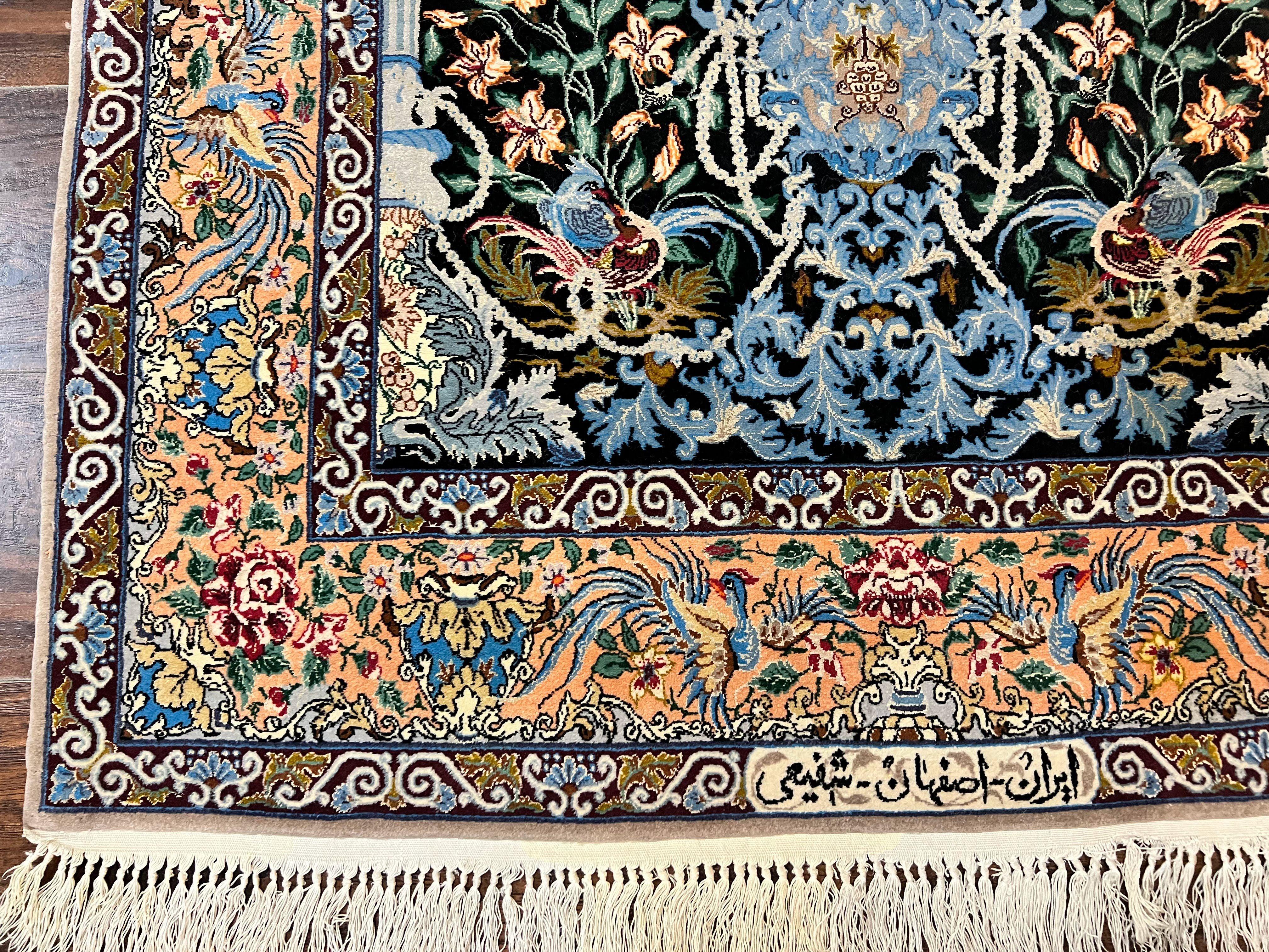 Wonderful Persian Isfahan Rug 3.7 x 5, Kork Wool on Silk Foundation, Very Fine 460 KPSI, Tree of Life Persian Vase Design Animal Pictorials Peacocks - Jewel Rugs