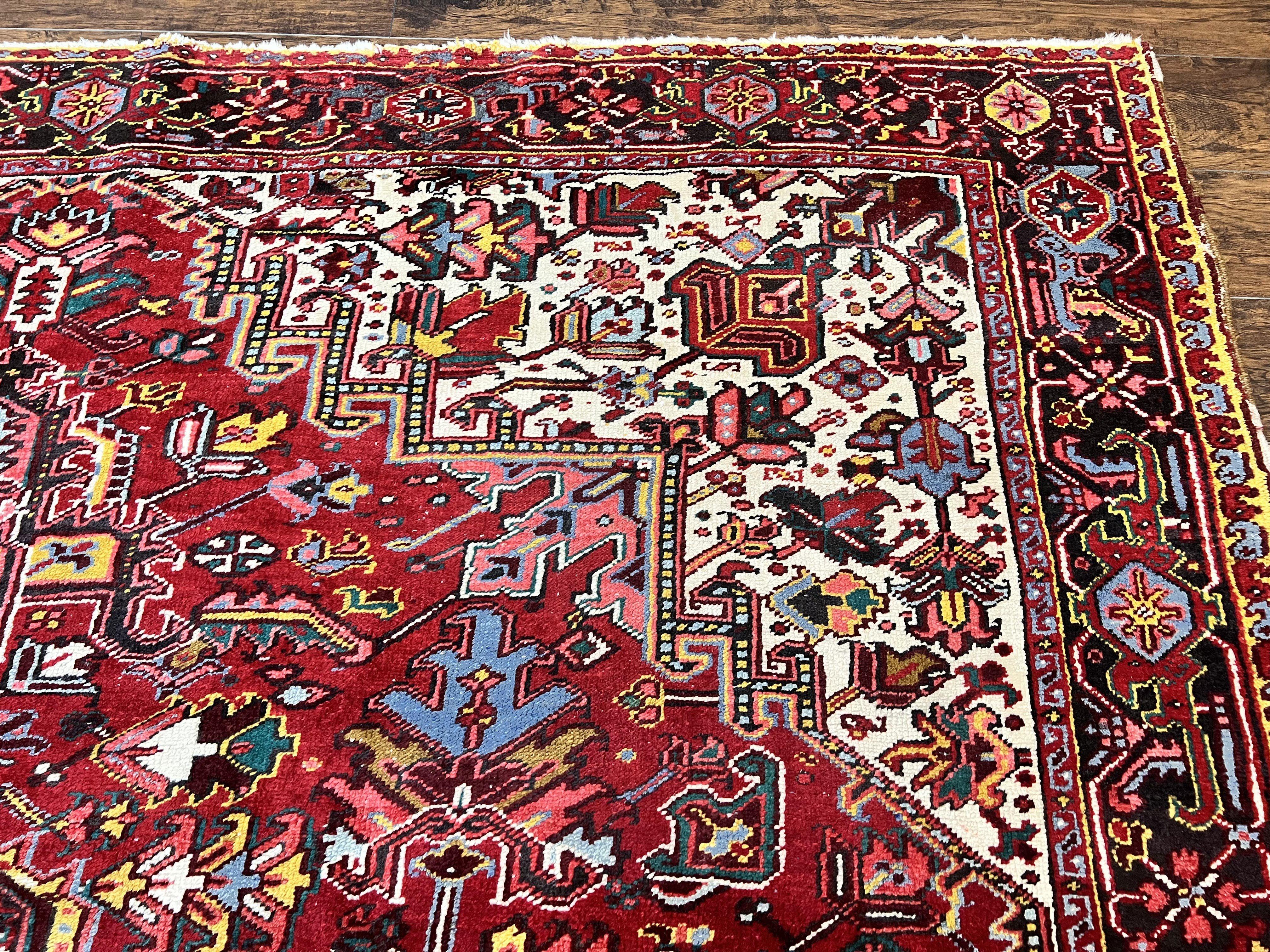 Persian Heriz Rug 10x13, Wool Hand Knotted Vintage Carpet, Geometric Medallion Tribal Oriental Rug, Red & Ivory, 10 x 13 Large Sized Rug - Jewel Rugs