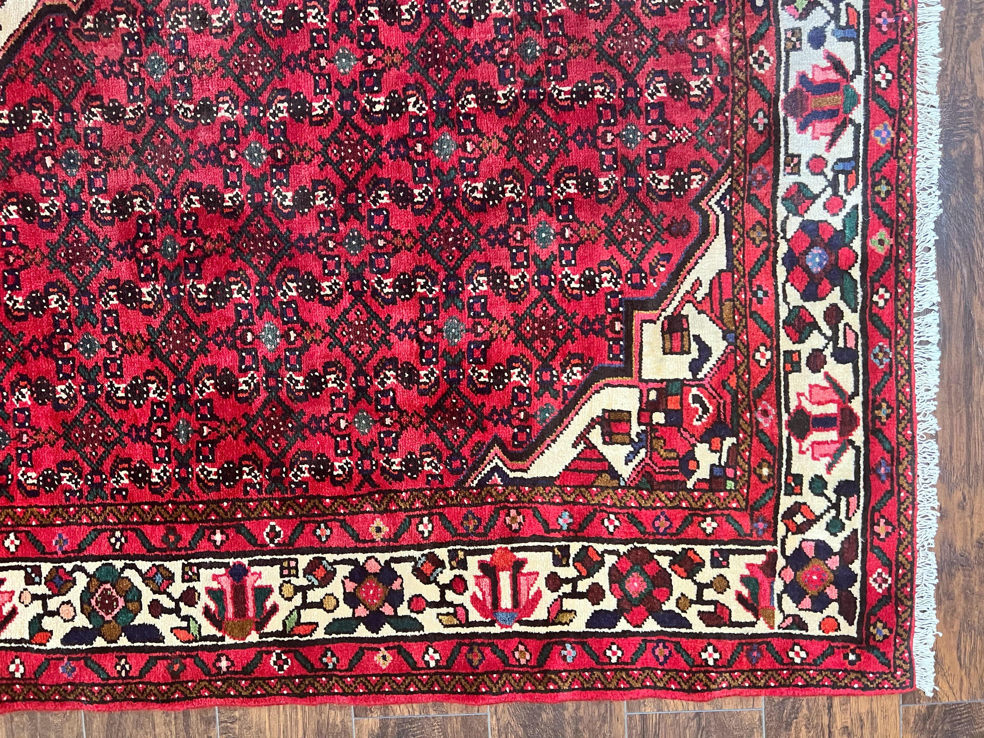 Persian Tribal Rug 7x10, Wool Handmade Semi Antique Vintage Hamadan Dargazine Carpet, Red & Ivory Allover Floral Medallion Rug, 7 x 10 Room Sized Oriental Rug - Jewel Rugs