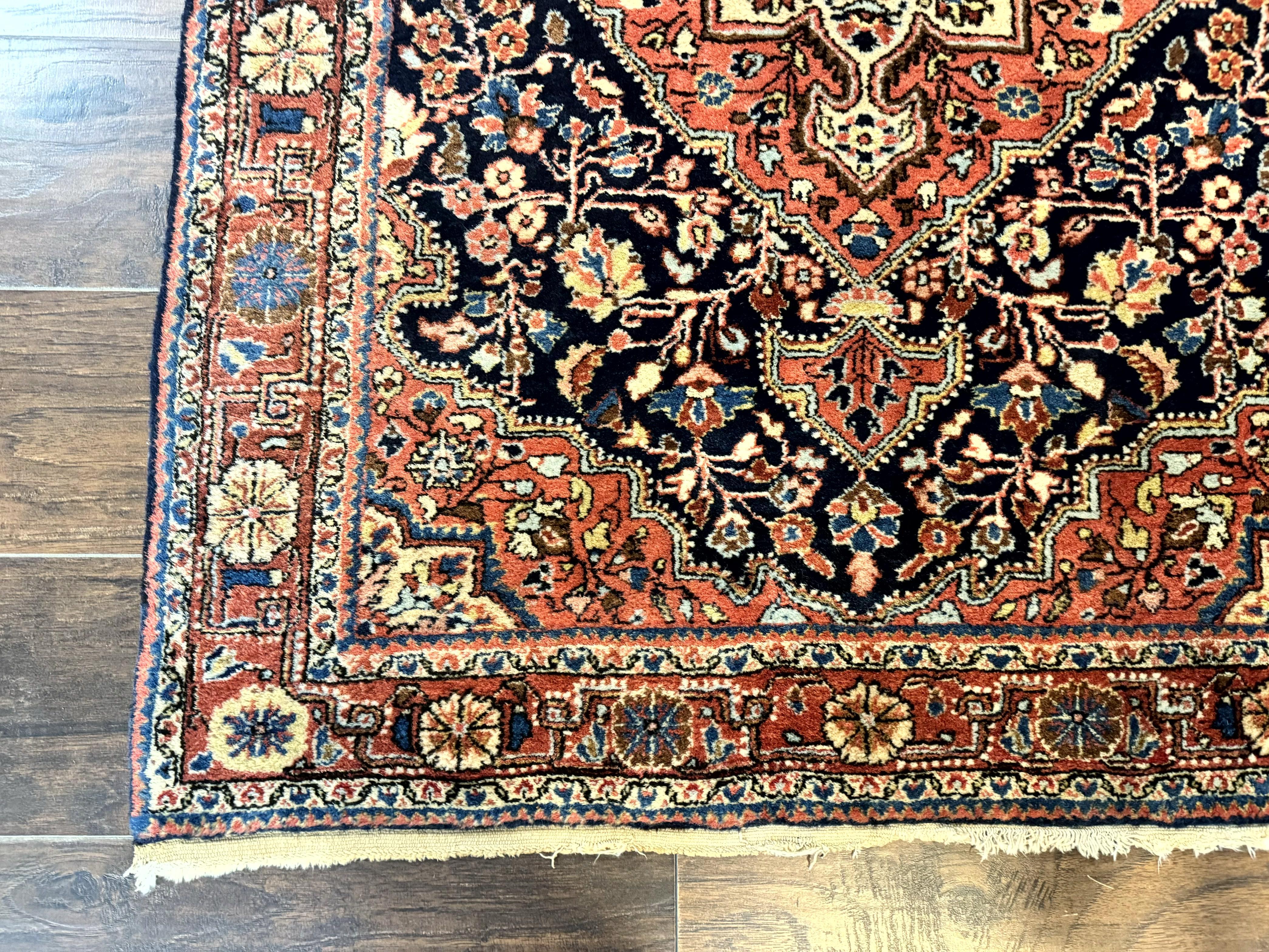 Persian Sarouk Rug 3.6 x 5, Medallion Rug, Red and Midnight Blue, Handmade Semi Antique Vintage Wool Carpet - Jewel Rugs