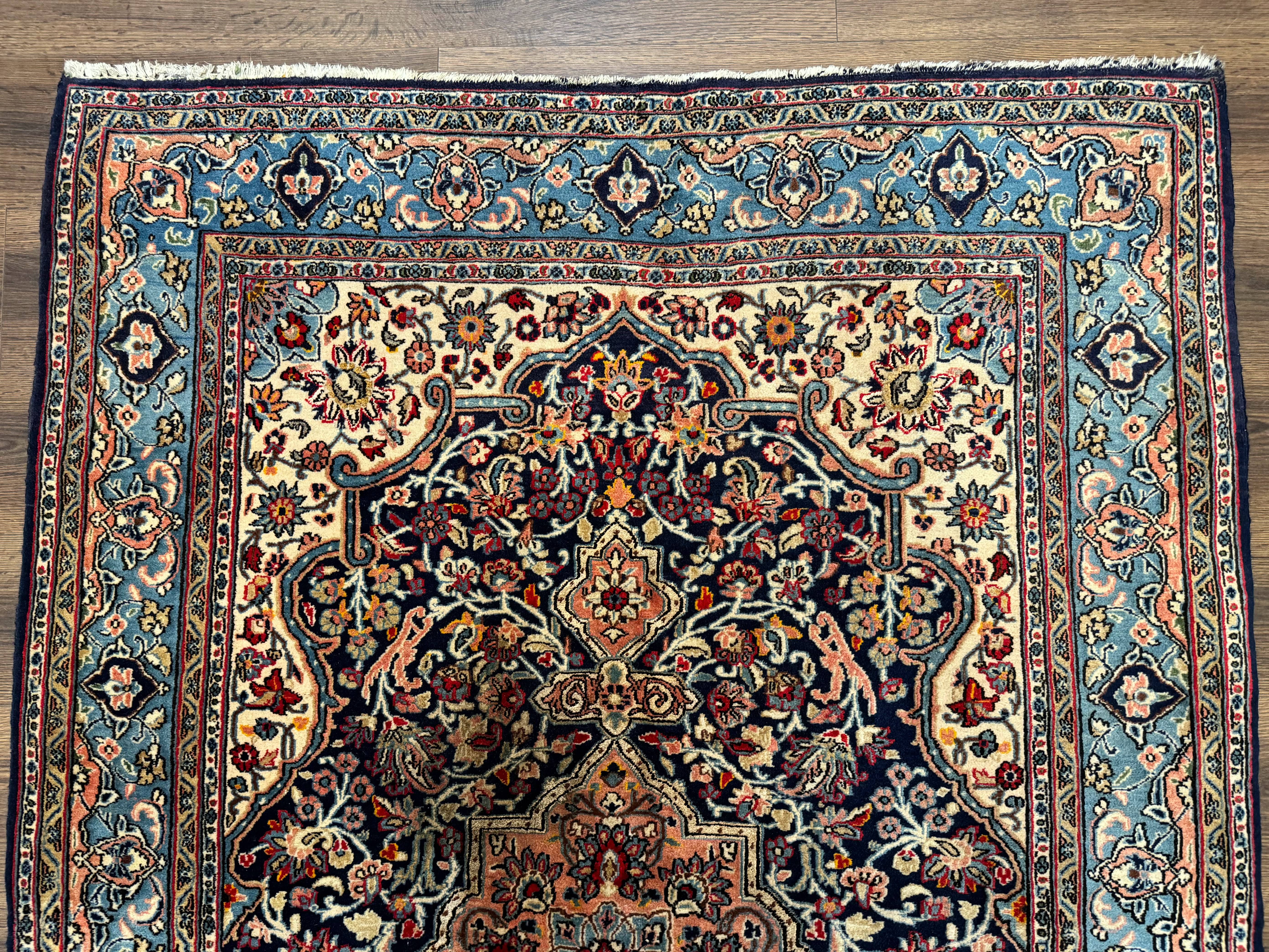 Persian Qum Rug 5x7 in Navy Light Blue and Ivory, Wool wilh Silk Highlights, 225 KPSI - Jewel Rugs