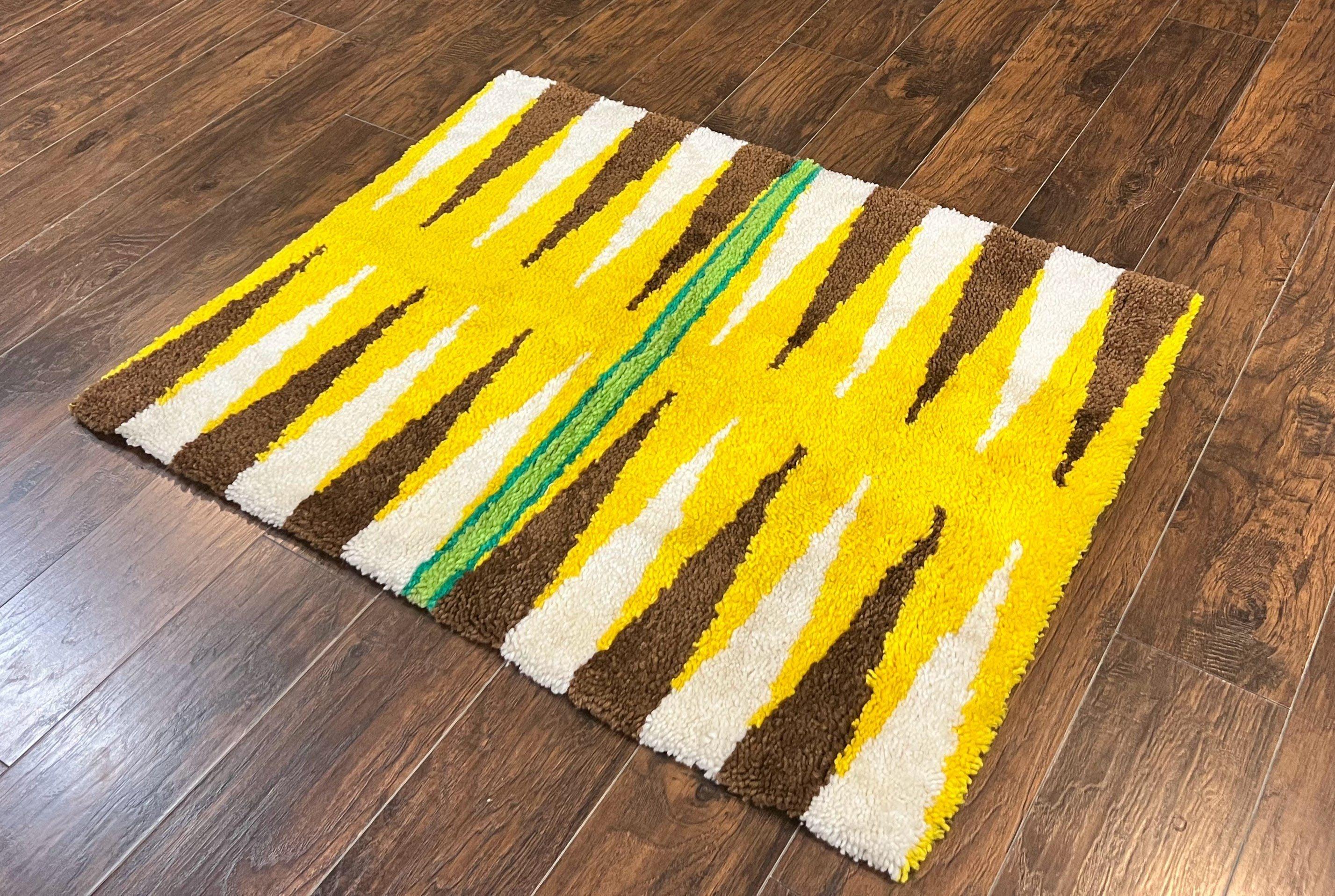 Danish Rya Rug 3x4, Vintage Mid Century Retro Rya Shag Rug, Stripes, Yellow Ivory Brown - Jewel Rugs