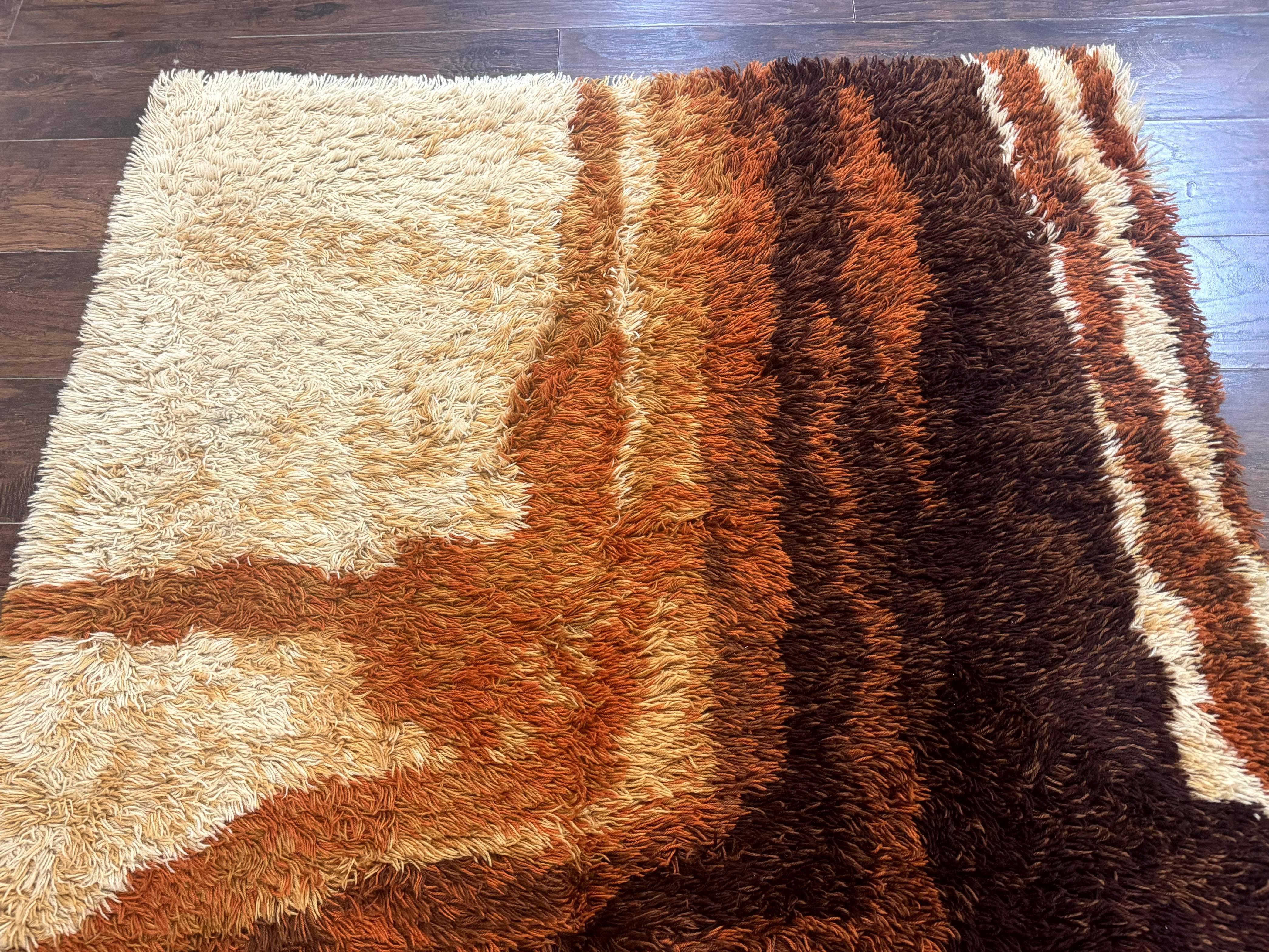 Danish Rya Shag Rug, Mid Century Modern Vintage Retro Abstract Carpet, 5x6, Shades of Brown Cream and Orange - Jewel Rugs