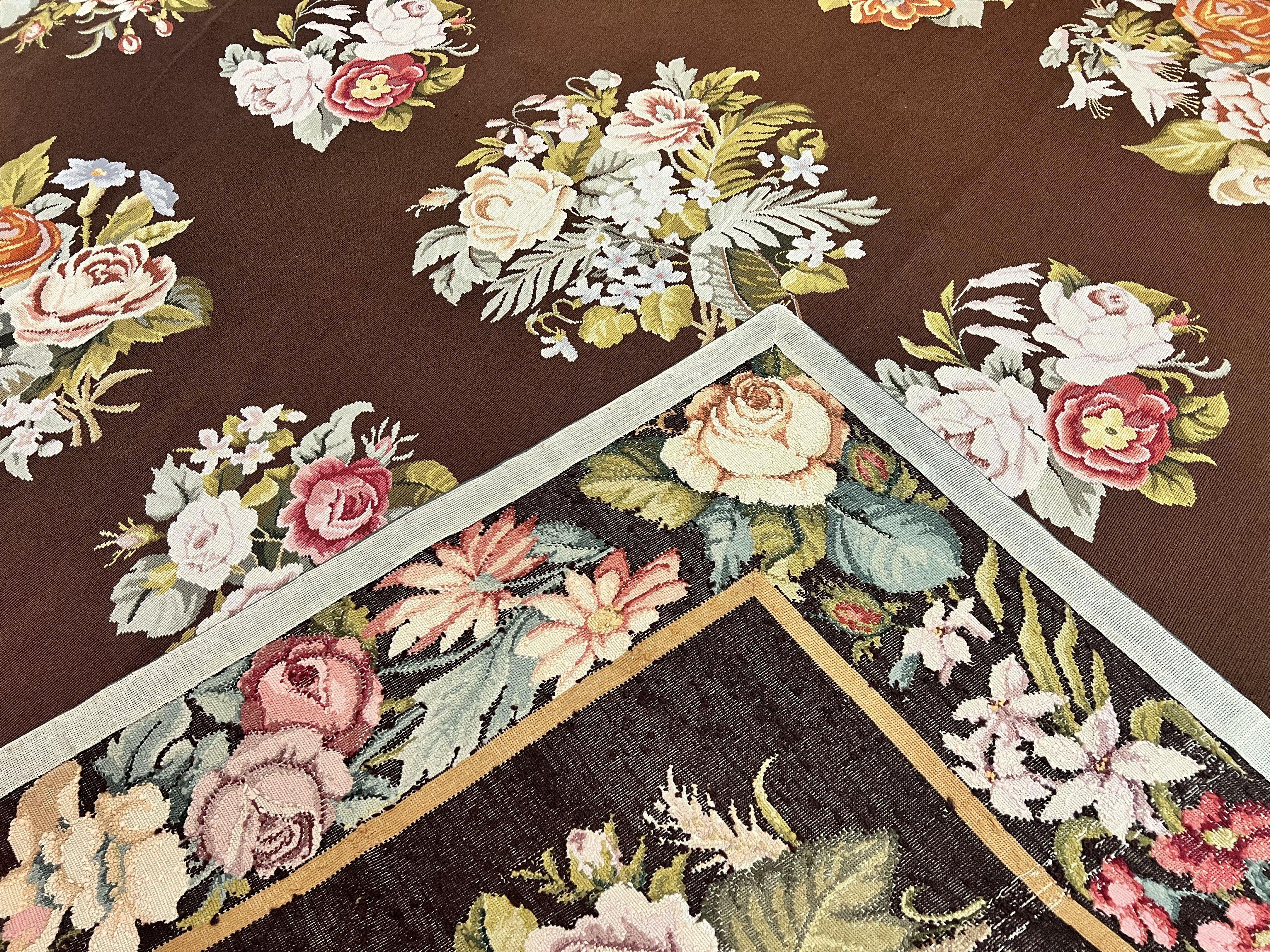 Vintage Needlepoint Rug 9x12, Large Handmade Hand-woven Needlepoint Carpet, Brown Area Rug, Floral Bouquets, Wool Rug, European Design - Jewel Rugs