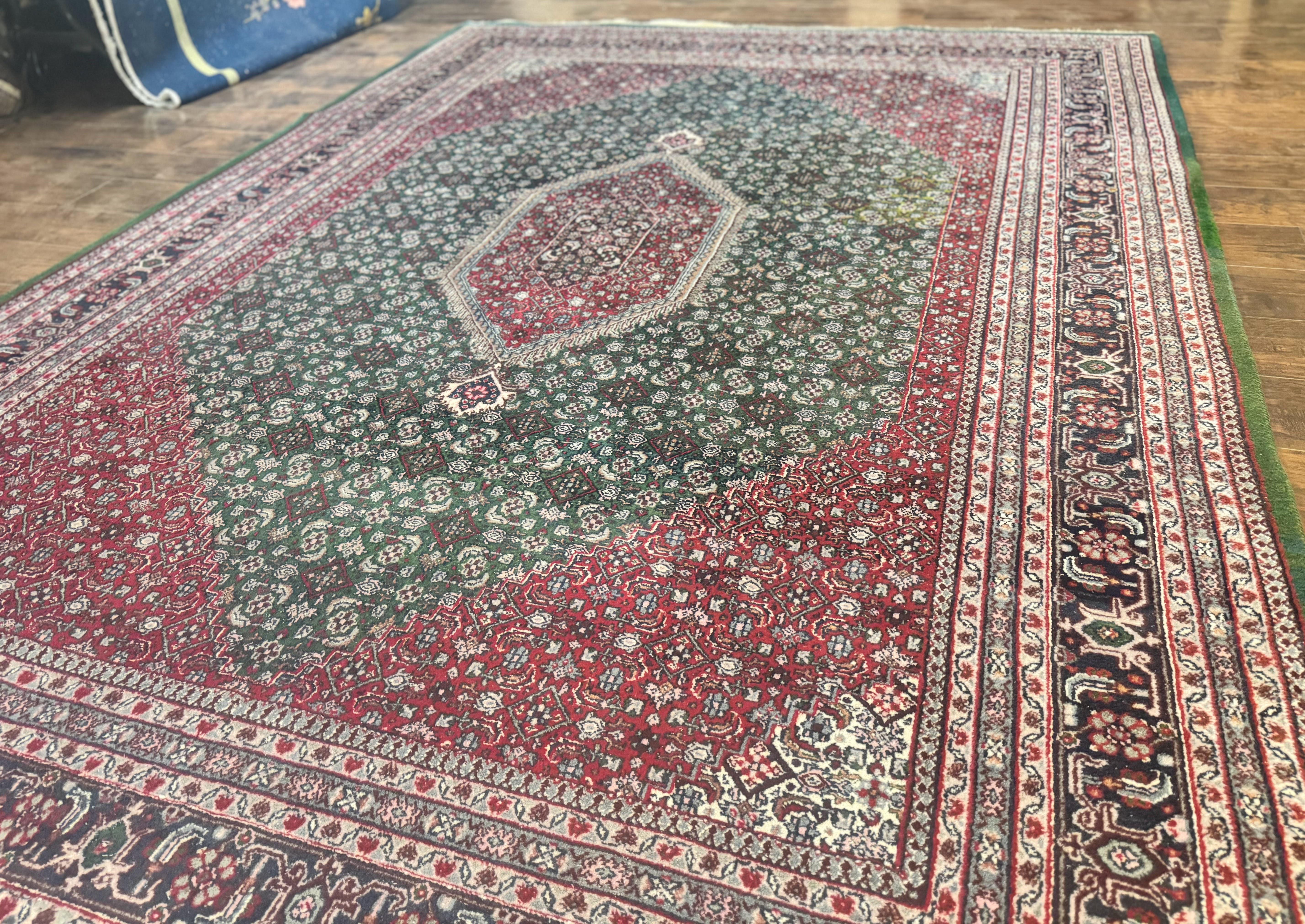 Indo Persian Bidjar Rug 8x11, Green and Red, Herati Pattern, Vintage Handmade Wool Oriental Carpet - Jewel Rugs