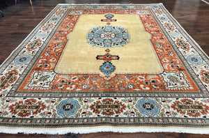 Persian Tabriz Rug 8x11, Semi Open Field, Vintage Hand Knotted Handmade Wool Oriental Carpet, Room Sized Rug, Unique Colors, Persian Tabatabai Rug