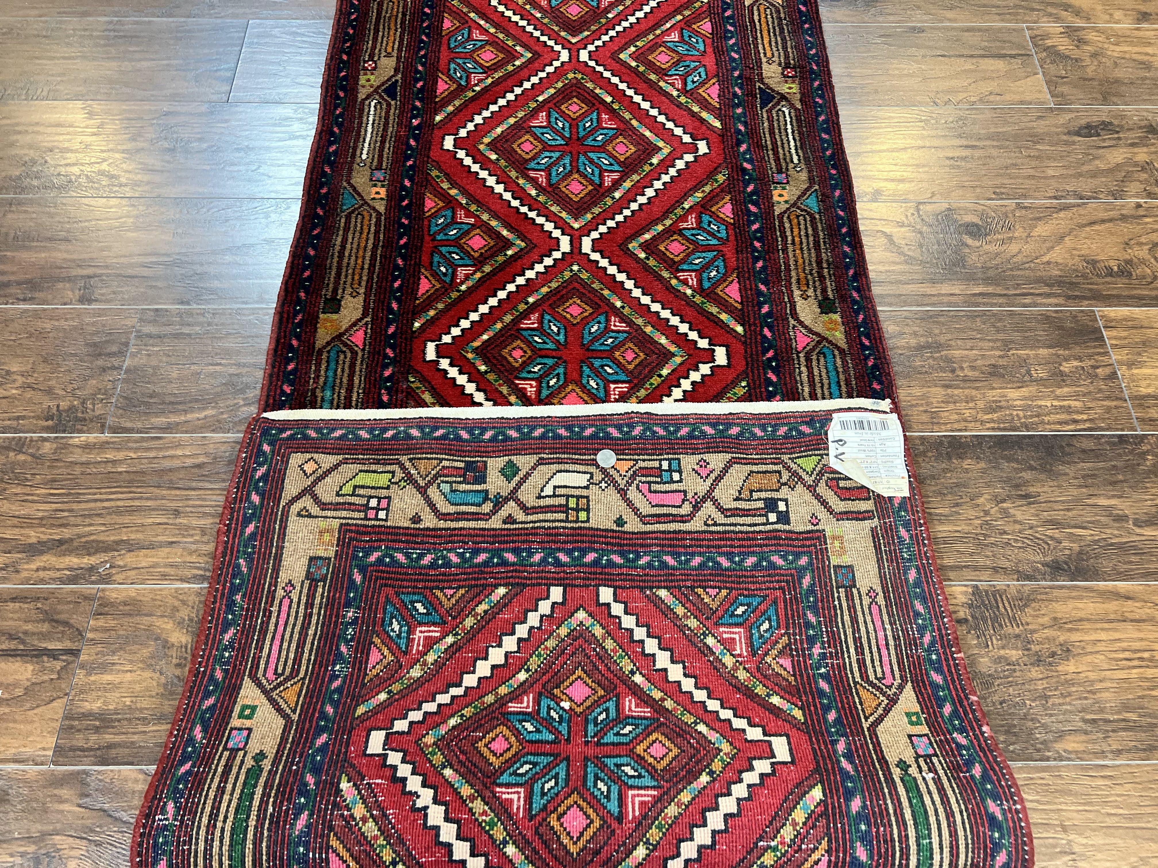 Persian Tribal Runner Rug 3x10, Red Camel Hair Navy Blue, Handmade Hand Knotted 10ft Wool Oriental Vintage Runner for Kitchen or Hallway, Persian Lilihan Hamadan Runner - Jewel Rugs