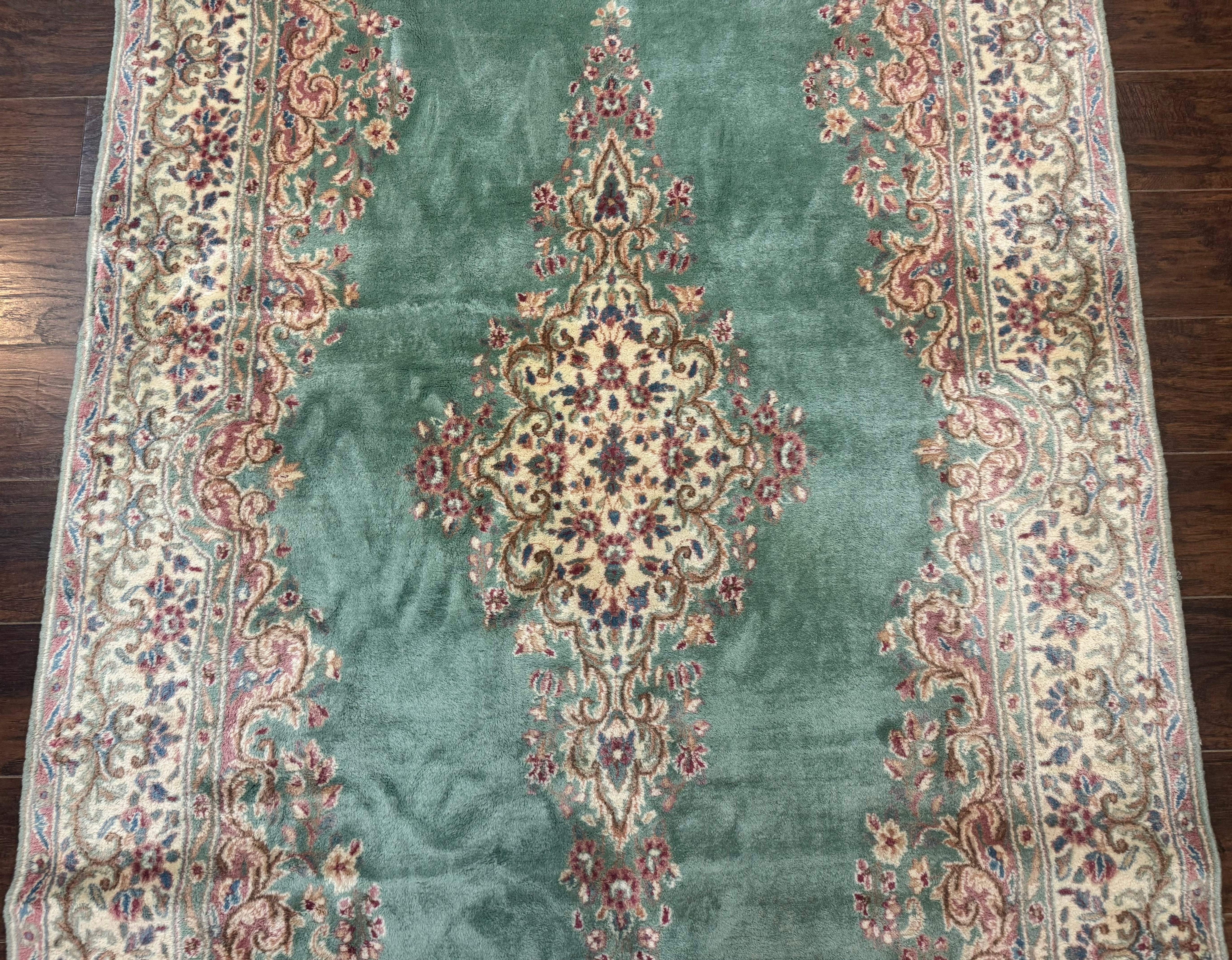 Persian Kerman Wide Runner Rug 5x11 – Seafoam Green and Beige, Wool Vintage Carpet - Jewel Rugs