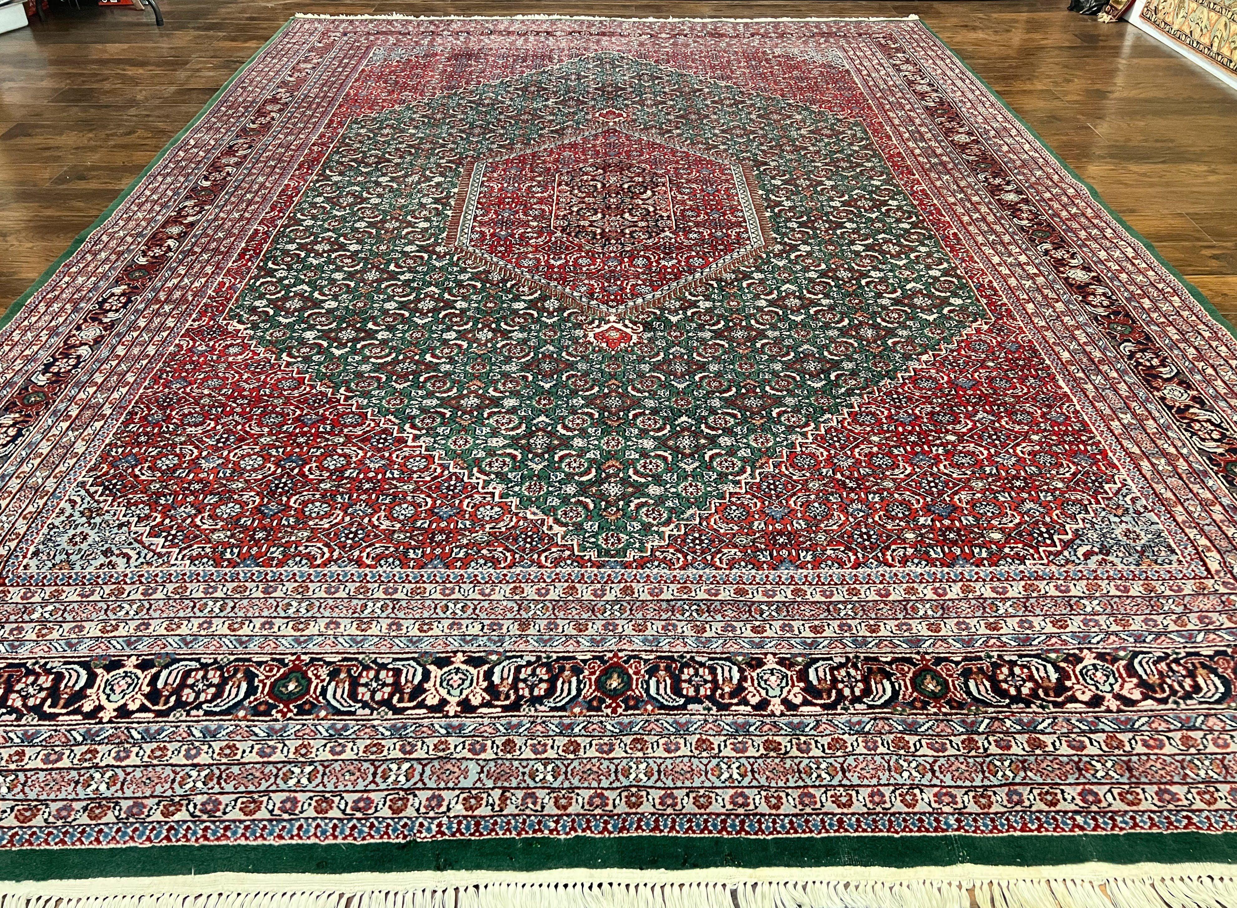 Indo Persian Rug 10x14, Bidjar Rug 10 x 14, Wool Hand Knotted Vintage Carpet, Red & Green Herati Pattern, Large Room Sized Oriental Rug - Jewel Rugs