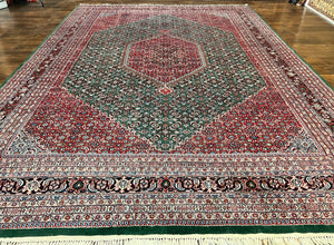 Indo Persian Rug 10x14, Bidjar Rug 10 x 14, Wool Hand Knotted Vintage Carpet, Red & Green Herati Pattern, Large Room Sized Oriental Rug