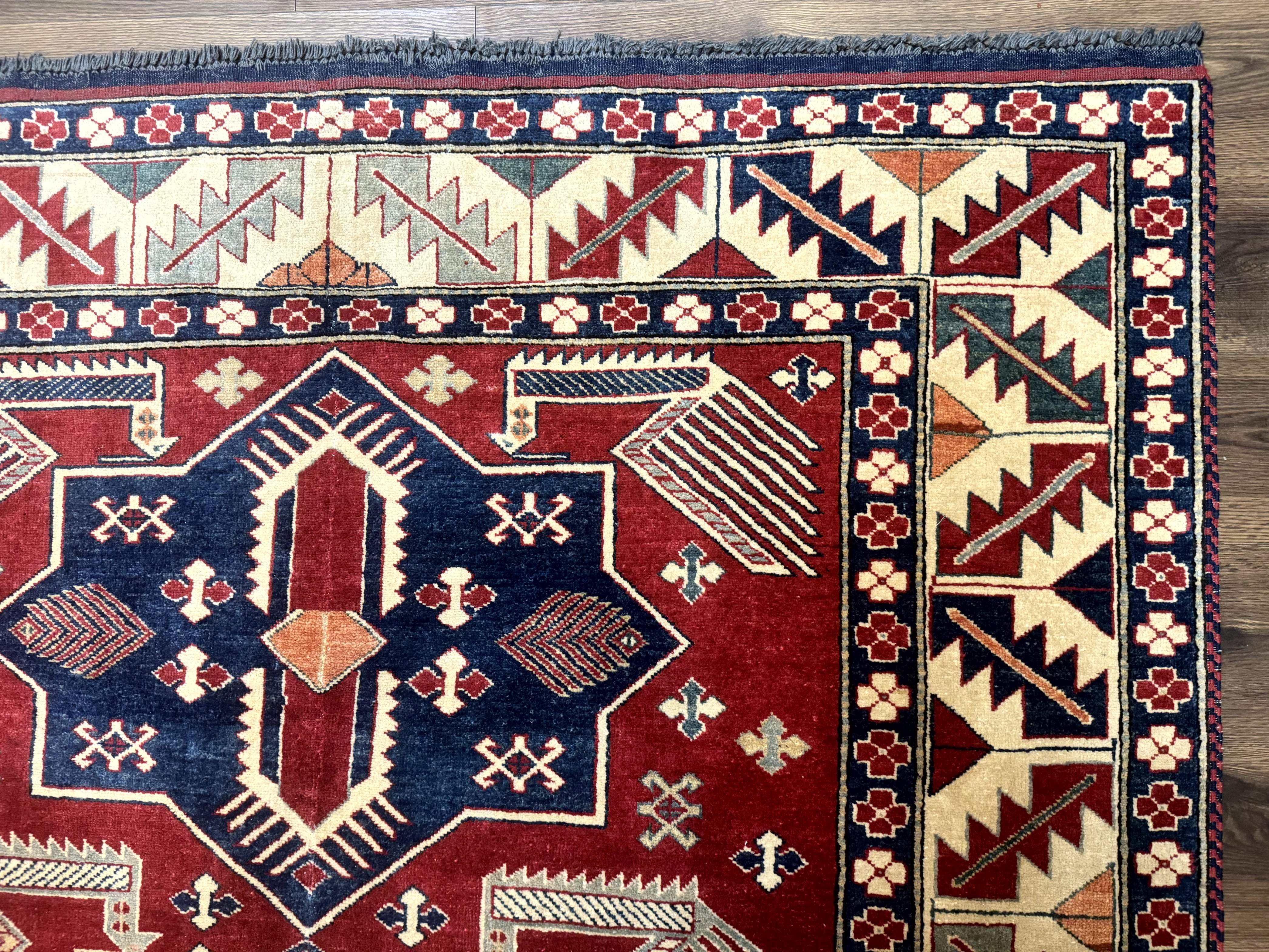 Turkish Kazak Rug 6x8, Caucasian Design, Geometric Medallions, Red Blue Beige - Jewel Rugs