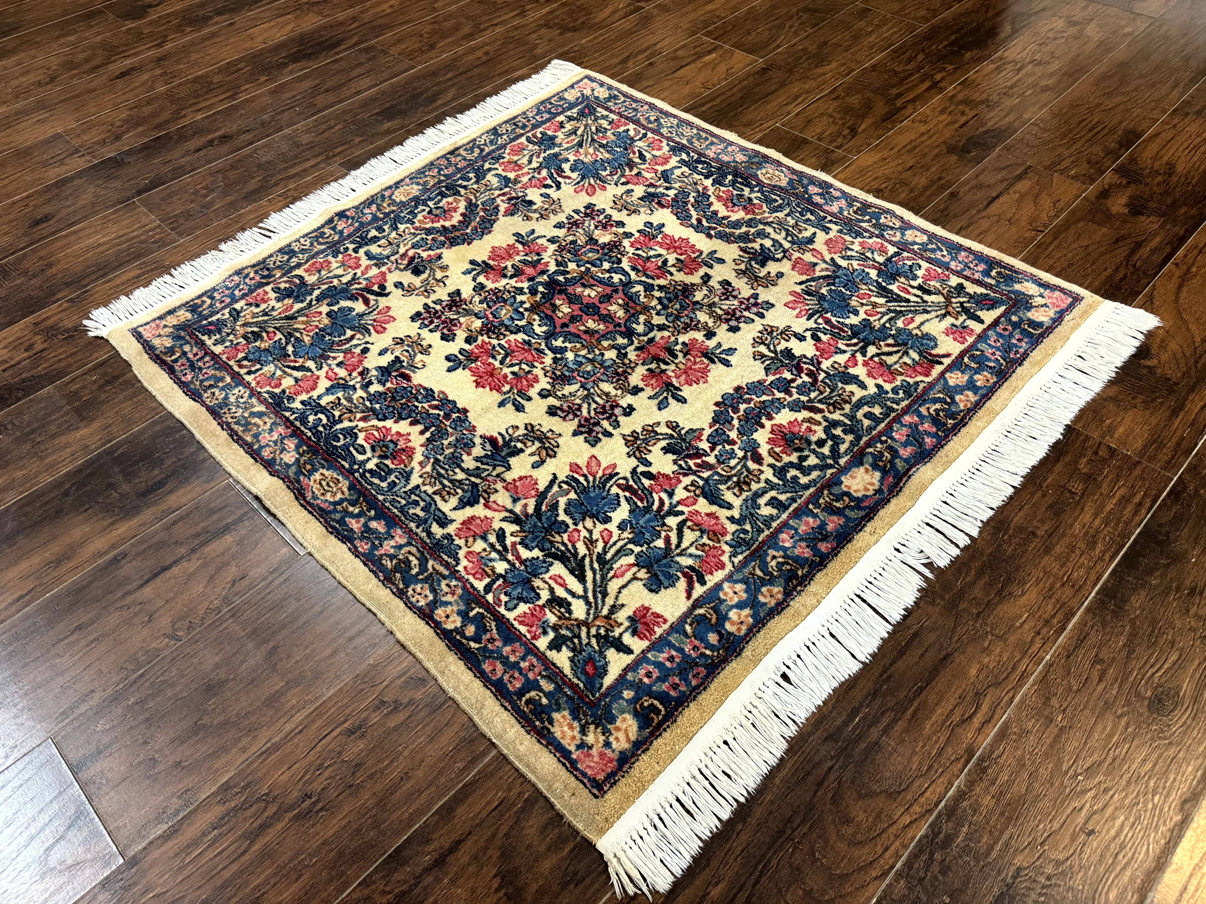 Square Persian Kerman Rug 4x4, Ivory Blue Pink, Handmade, Fine 225 KPSI - Jewel Rugs
