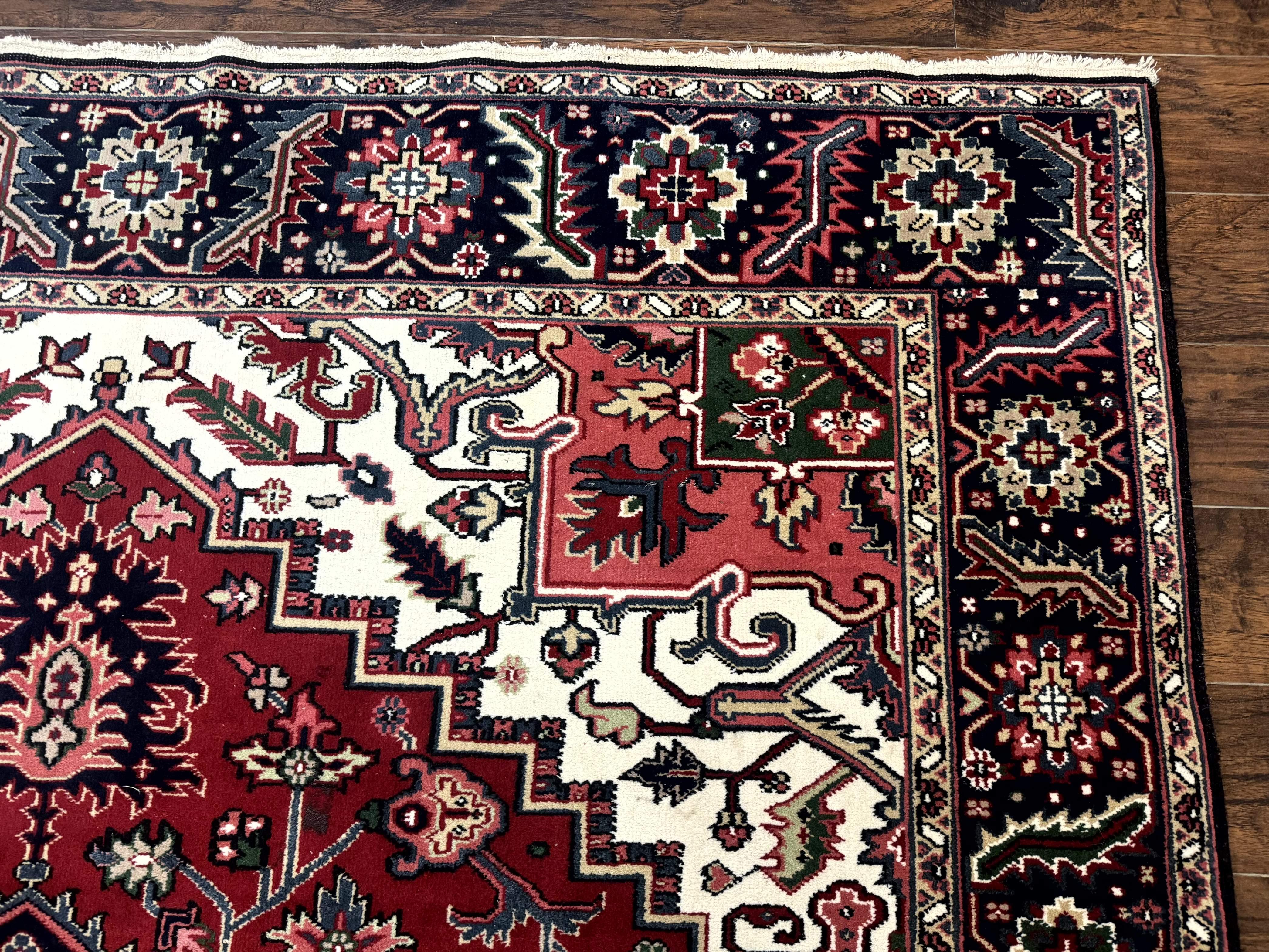 Indo Persian Heriz Rug 8x10, Geometric Medallion, Brick Red Ivory Navy Blue, Room Sized Heriz Carpet, Wool Rug - Jewel Rugs