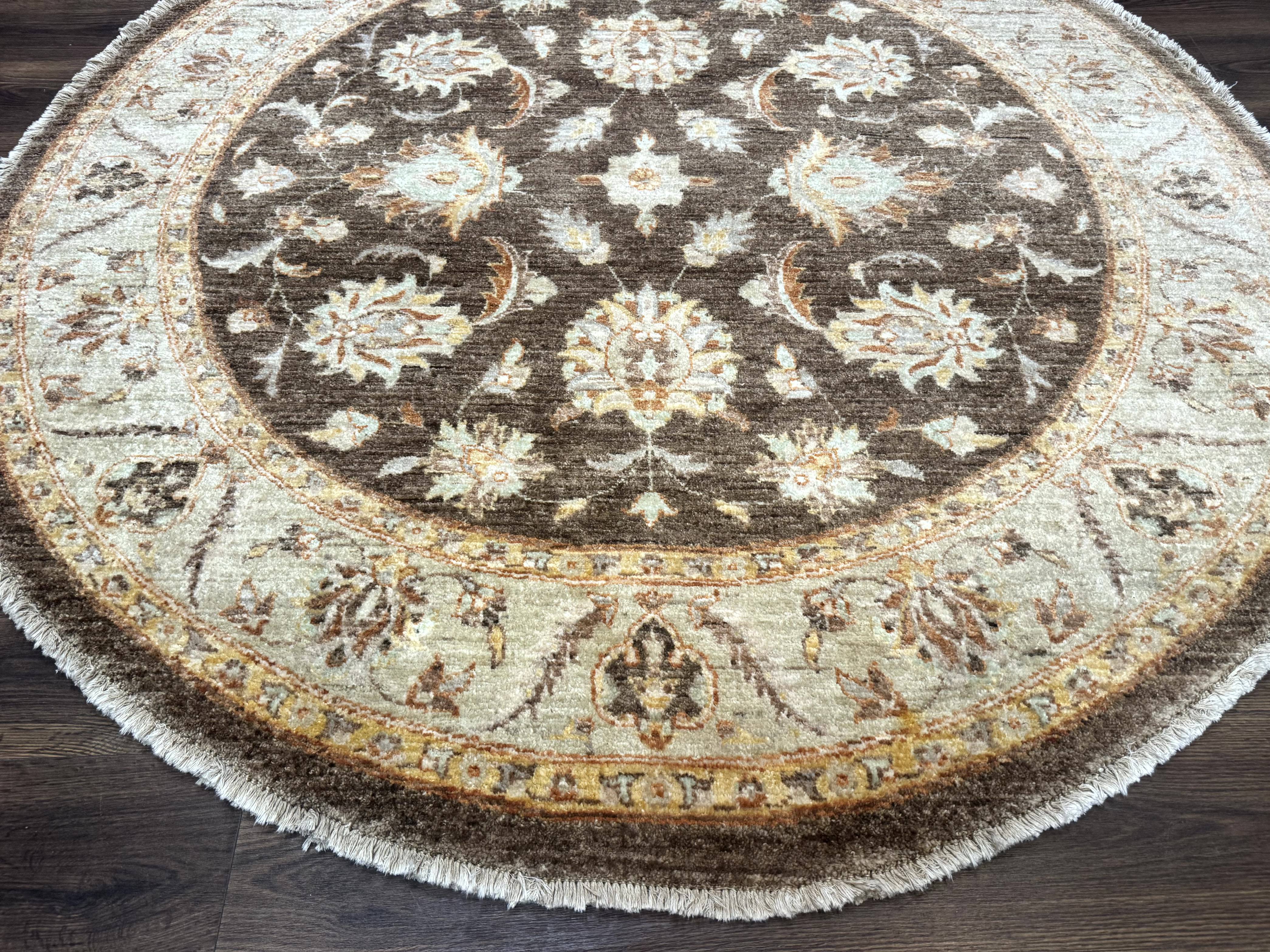 Round Pakistani Rug 6x6, Brown and Beige, Floral, Peshawar Rug, Traditional - Jewel Rugs