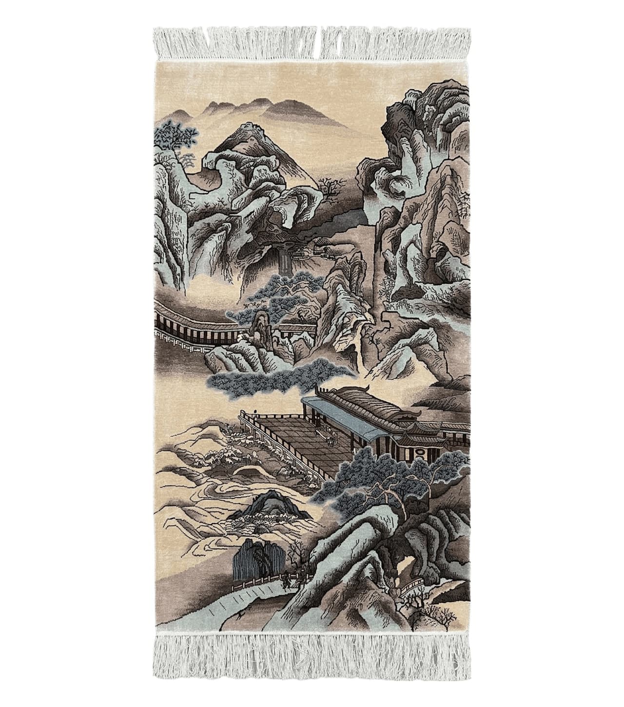 Silk Chinese Wall Hanging Rug 3x6 ft Tapestry, Pagoda Scene