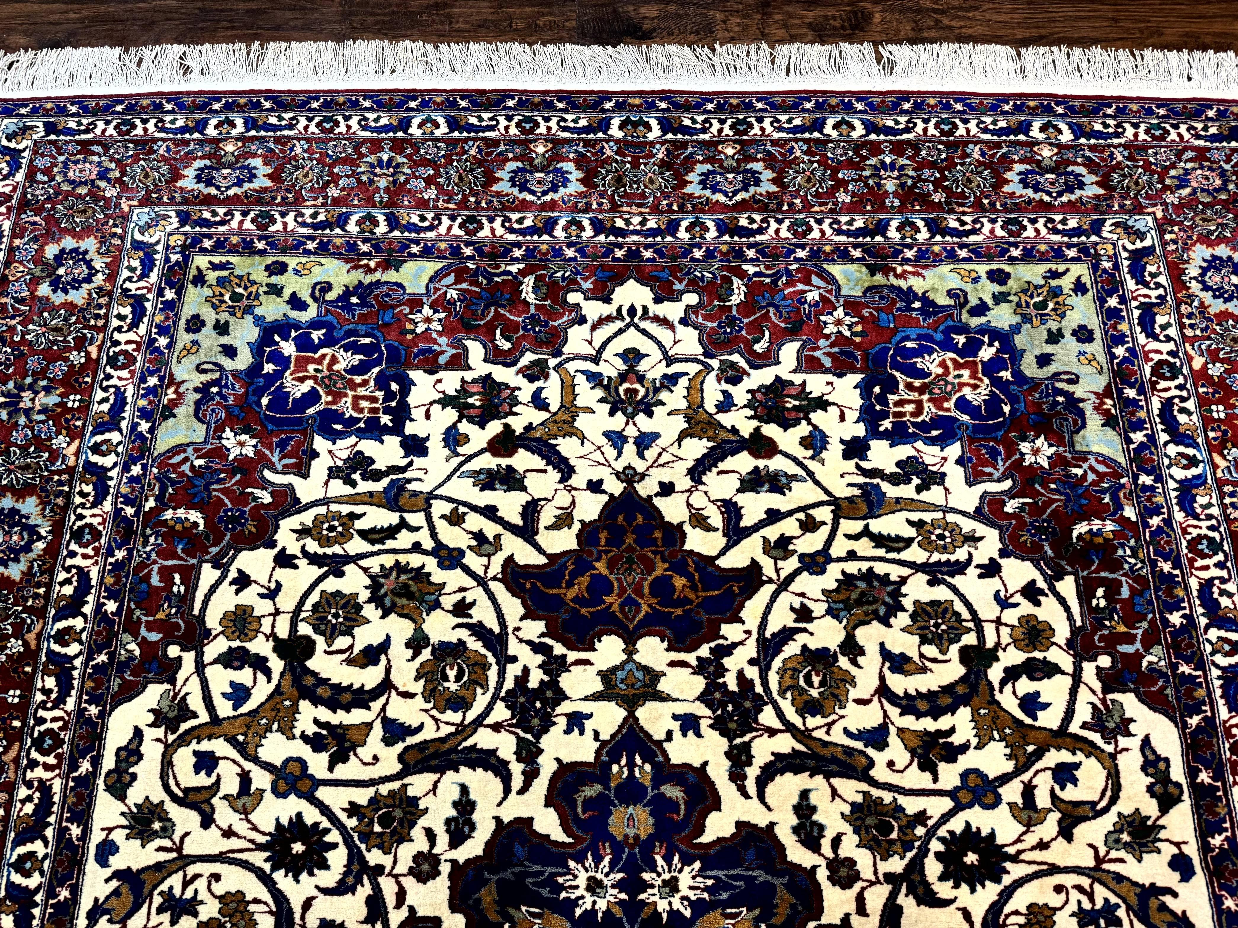Wonderful Persian Isfahan Rug 7x9, Ivory Navy Blue Red, Floral Medallion, Very Finely Hand Knotted 260 KPSI, Handmade Wool Vintage Rug - Jewel Rugs