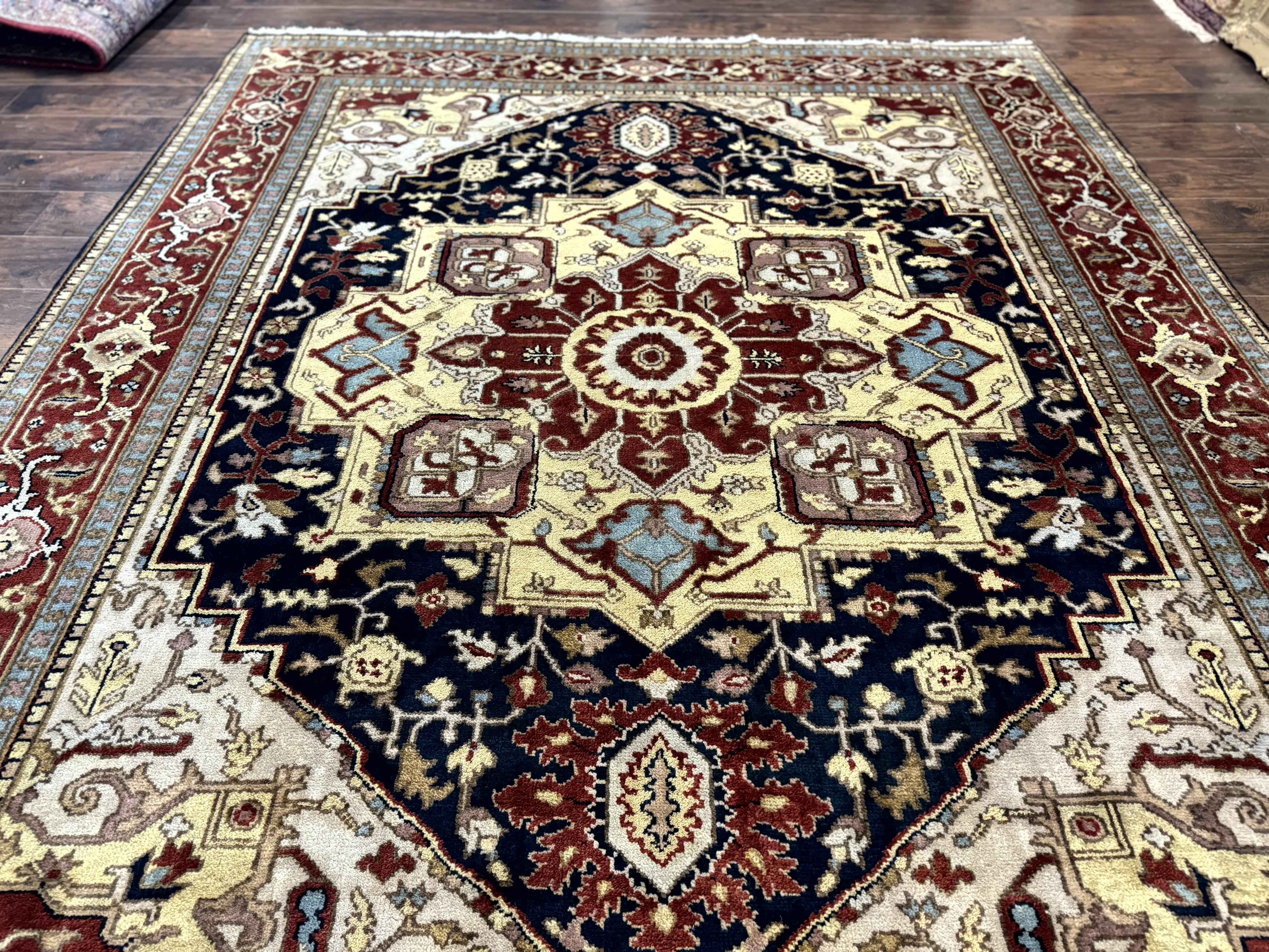 Indo Persian Heriz Rug 8x10, Geometric Medallion, Serapi Carpet, Wool Vintage Rug - Jewel Rugs