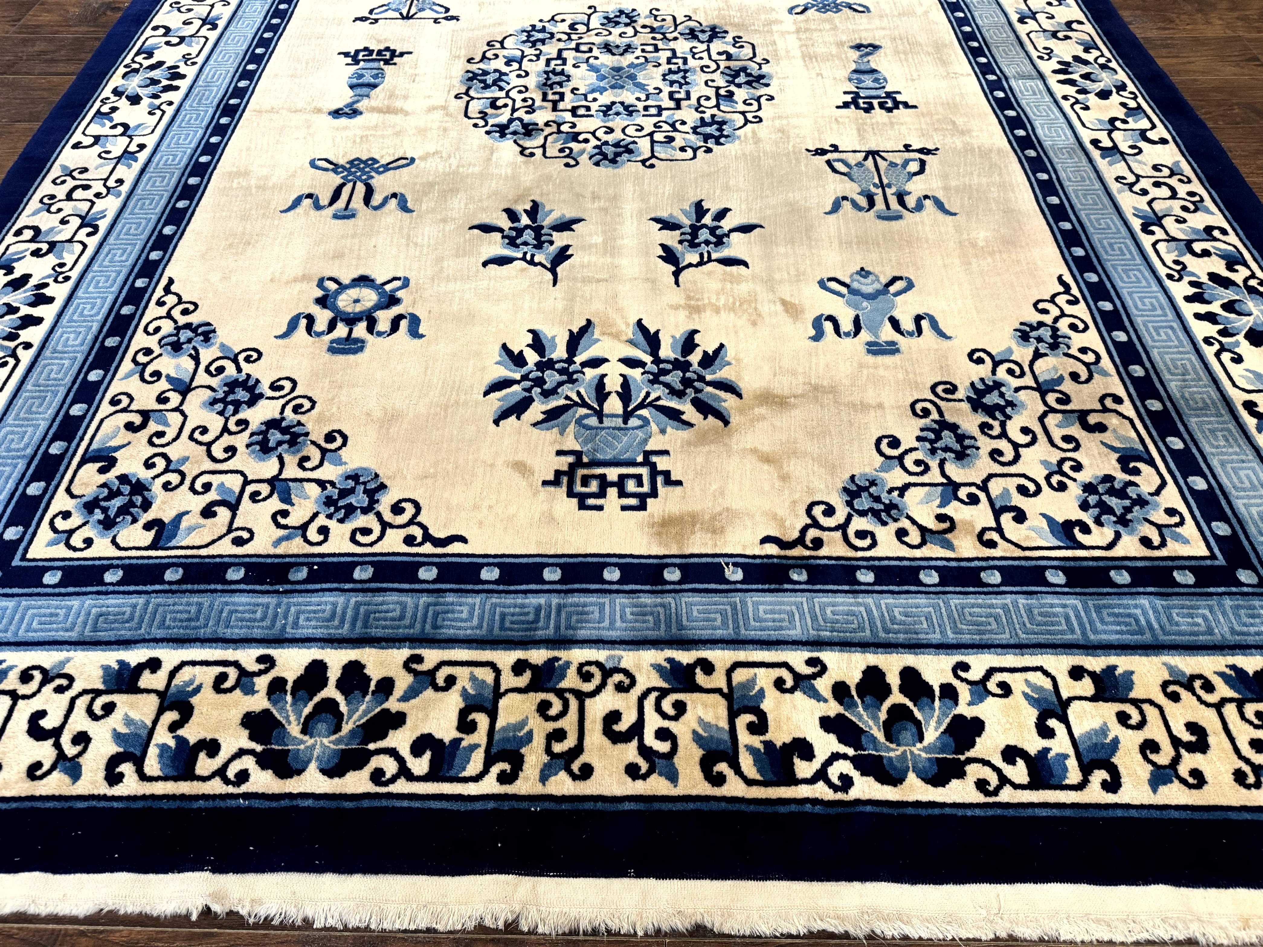 Chinese Peking Rug 8x11 – Ivory and Blue, Hand-Knotted Wool, Asian Oriental Carpet - Jewel Rugs