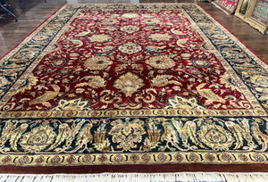 Indo Persian Rug 10x14, Indian Agra Carpet, Vintage Handmade Wool Large Traditional Rug, Dark Red Navy Blue Beige