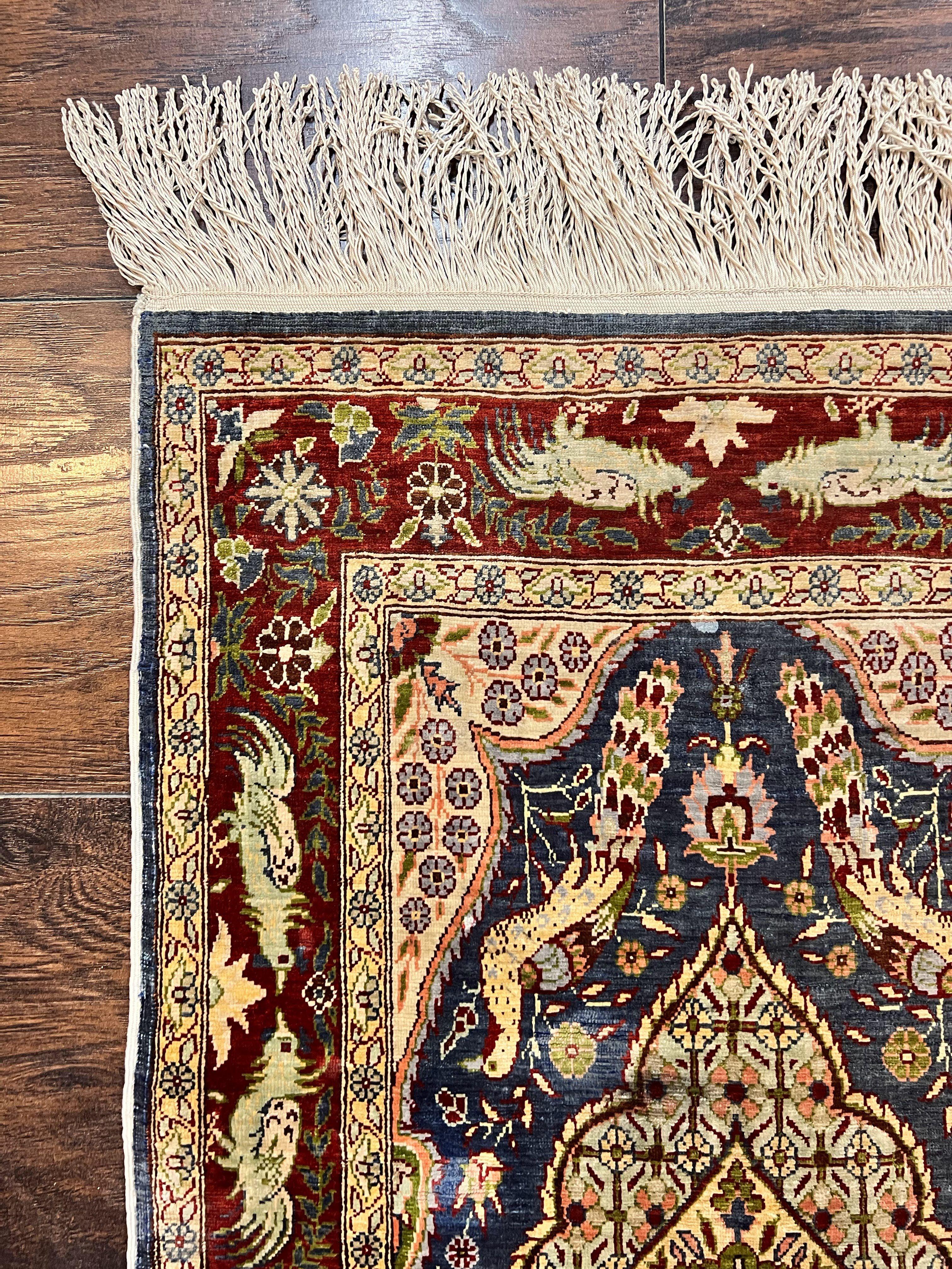 Silk Turkish Hereke Rug 2x3, Peacocks Birds, Signature from Master Weaver, Super Finely Hand Knotted 550 KPSI, Animal Pictorials - Jewel Rugs