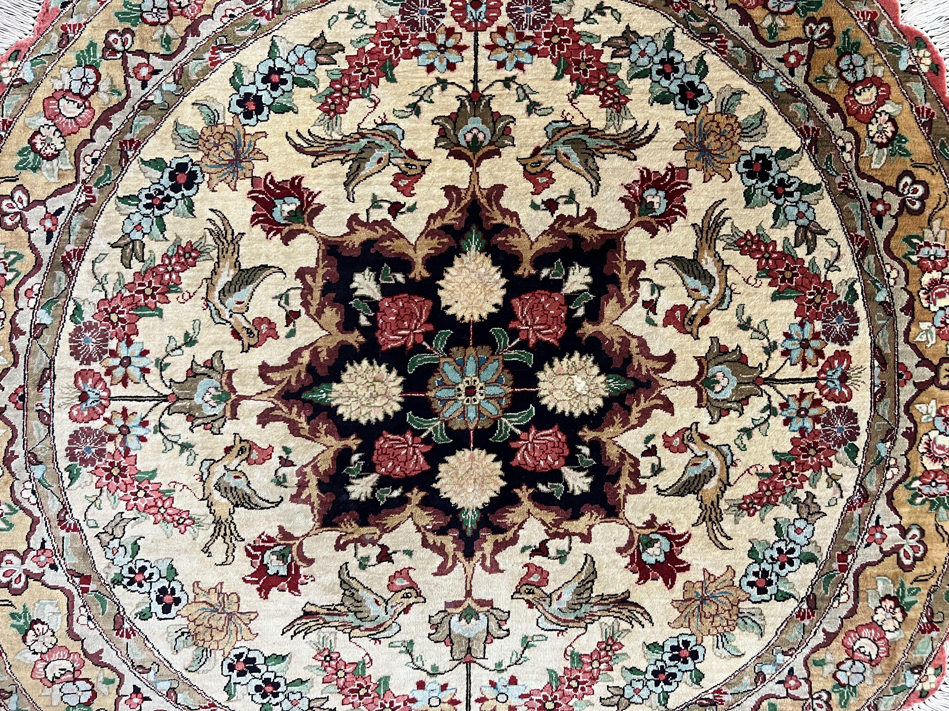 Silk Persian Tabriz Round Rug 3x3 ft, Very Fine Hand Knotted Carpet 380 KPSI, Cream & Gold, Bird Pictorials, Floral, Rare - Jewel Rugs