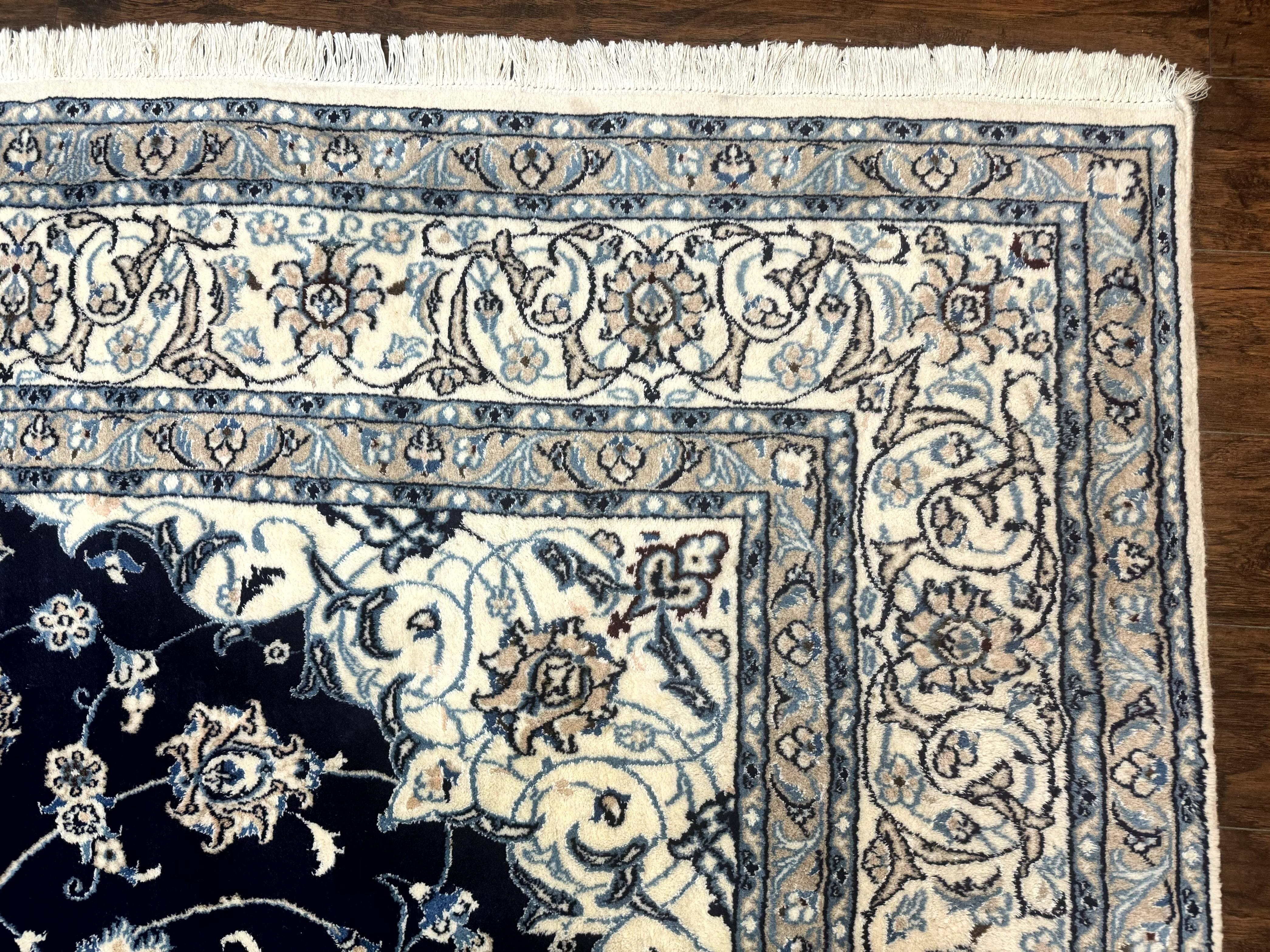 Persian Nain Rug 8x11, Navy Blue and Ivory, Handmade Wool Vintage Carpet, Floral Medallion - Jewel Rugs