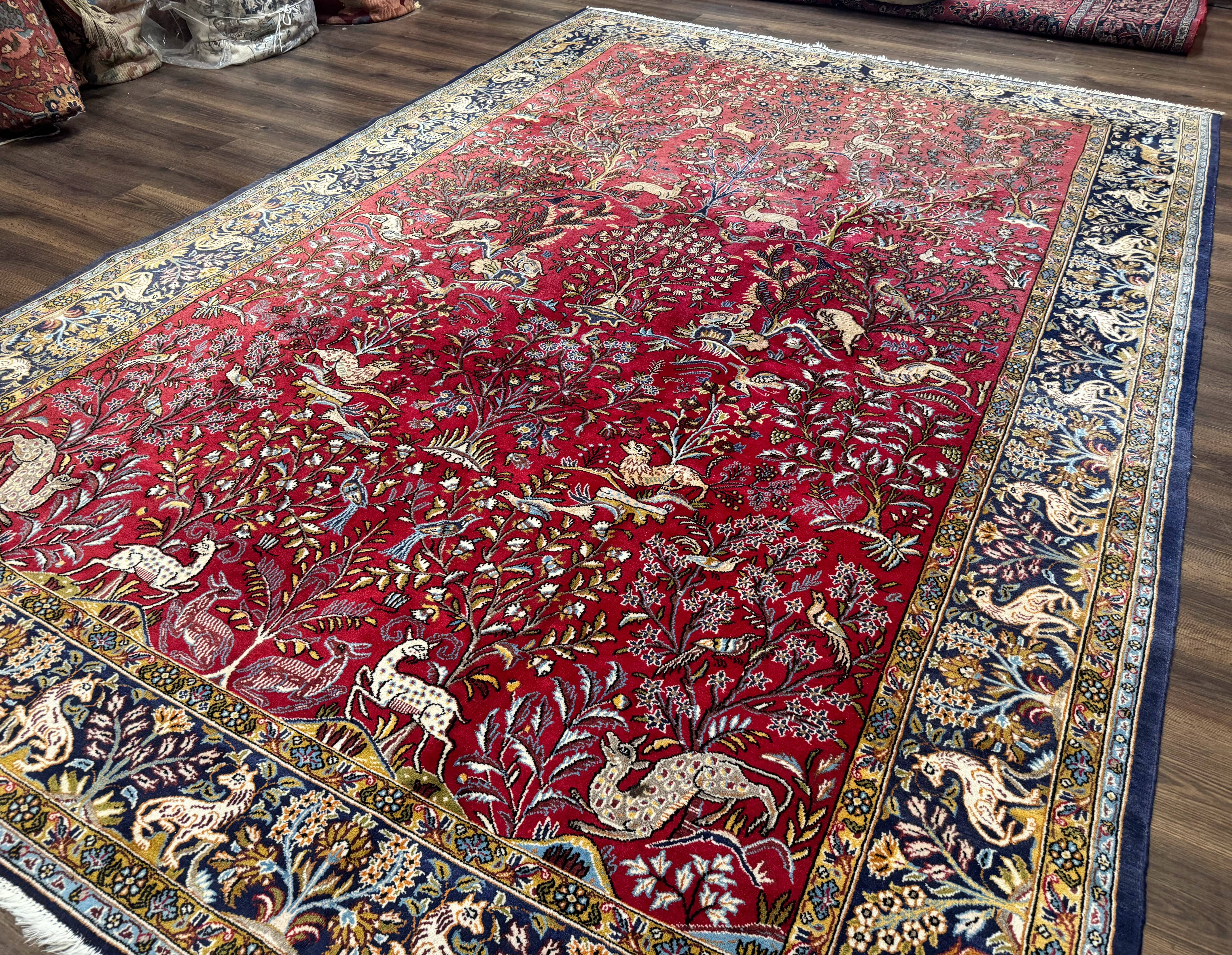 Persian Qum Rug 9x12, Animal Pictorials, Deer Birds, Tree of Life, Red and Navy Blue - Jewel Rugs