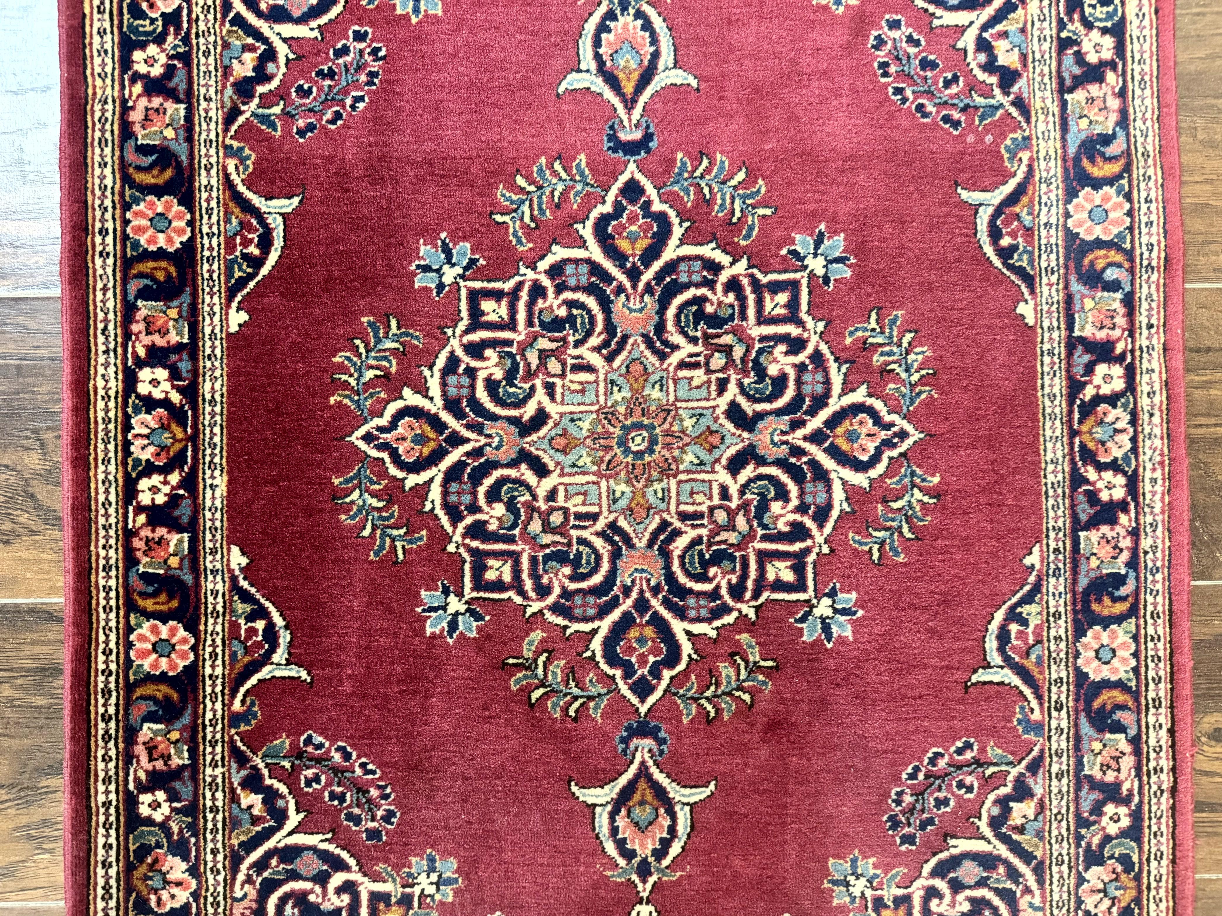 Small Persian Kashan Rug 2x3, Red and Navy Blue, Handmade Vintage Wool Semi Antique Persian Carpet, Semi Open Field, Pair B - Jewel Rugs