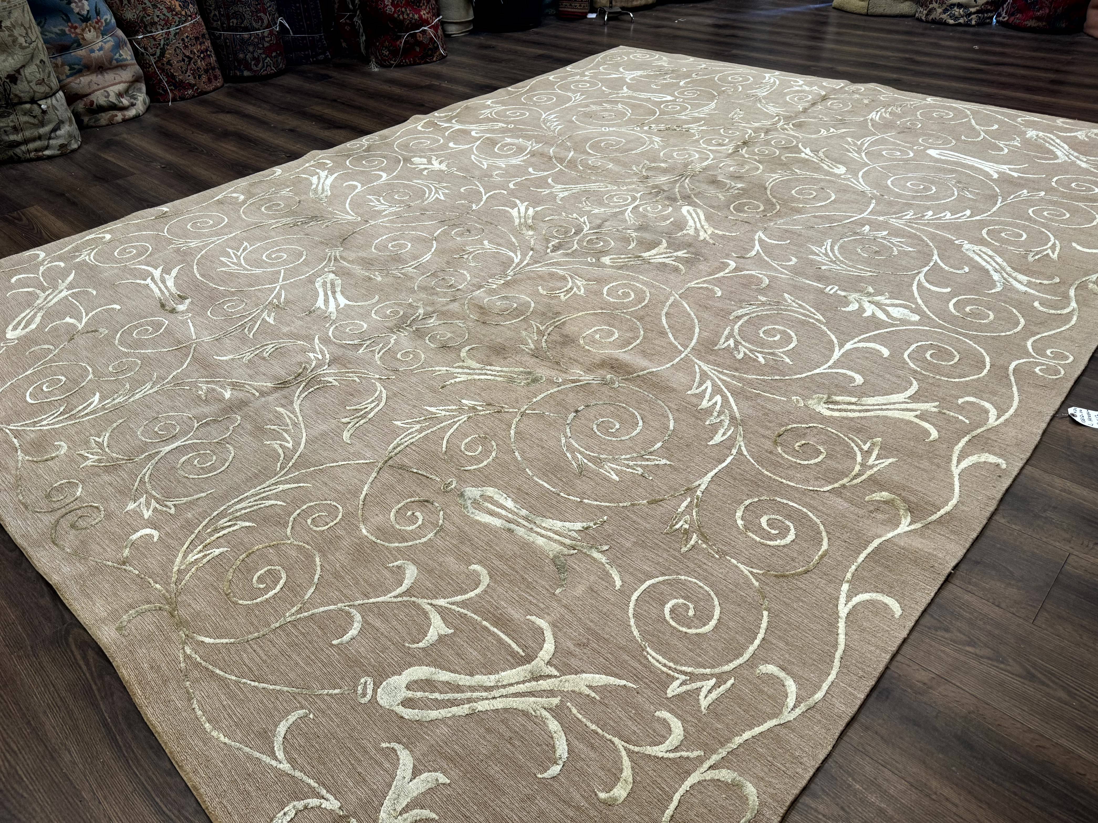 Tibetan Rug 9x12 Wool and Silk Beige Modern Handmade Carpet - Jewel Rugs