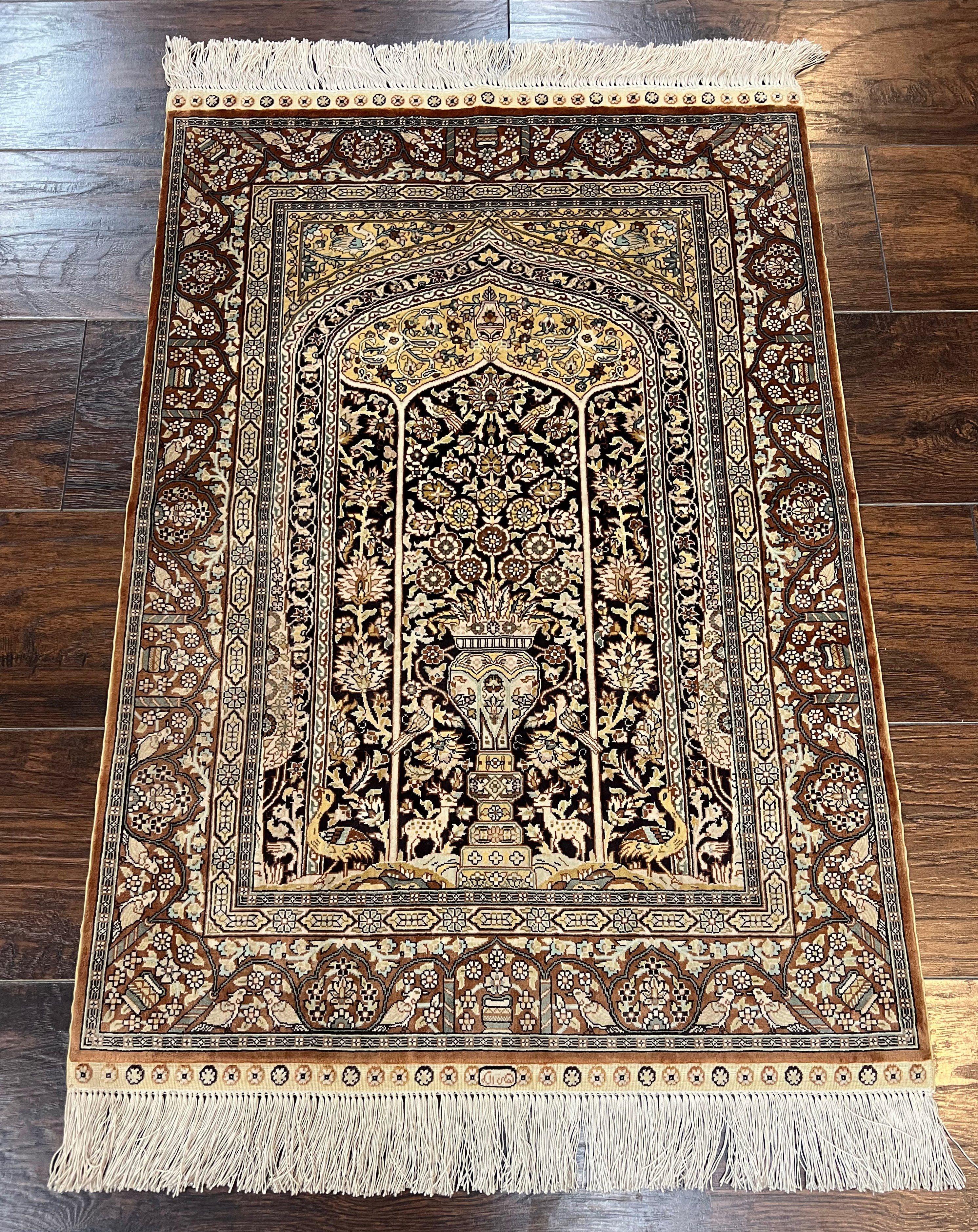 Turkish Silk Hereke Rug 2x3, Floral Vase Tree of Life Birds, Silk Pile on Silk Foundation, Vintage Oriental Carpet, Very Fine, Signature - Jewel Rugs