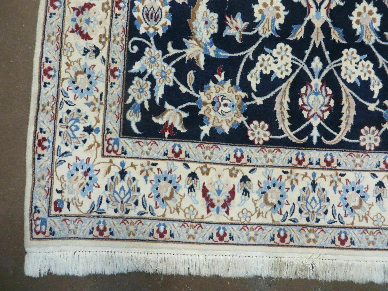 Persian Nain Rug 4x7, Navy Blue and Ivory, Handmade, Wool & Silk Highlights, Fine Oriental Rug, Vintage - Jewel Rugs