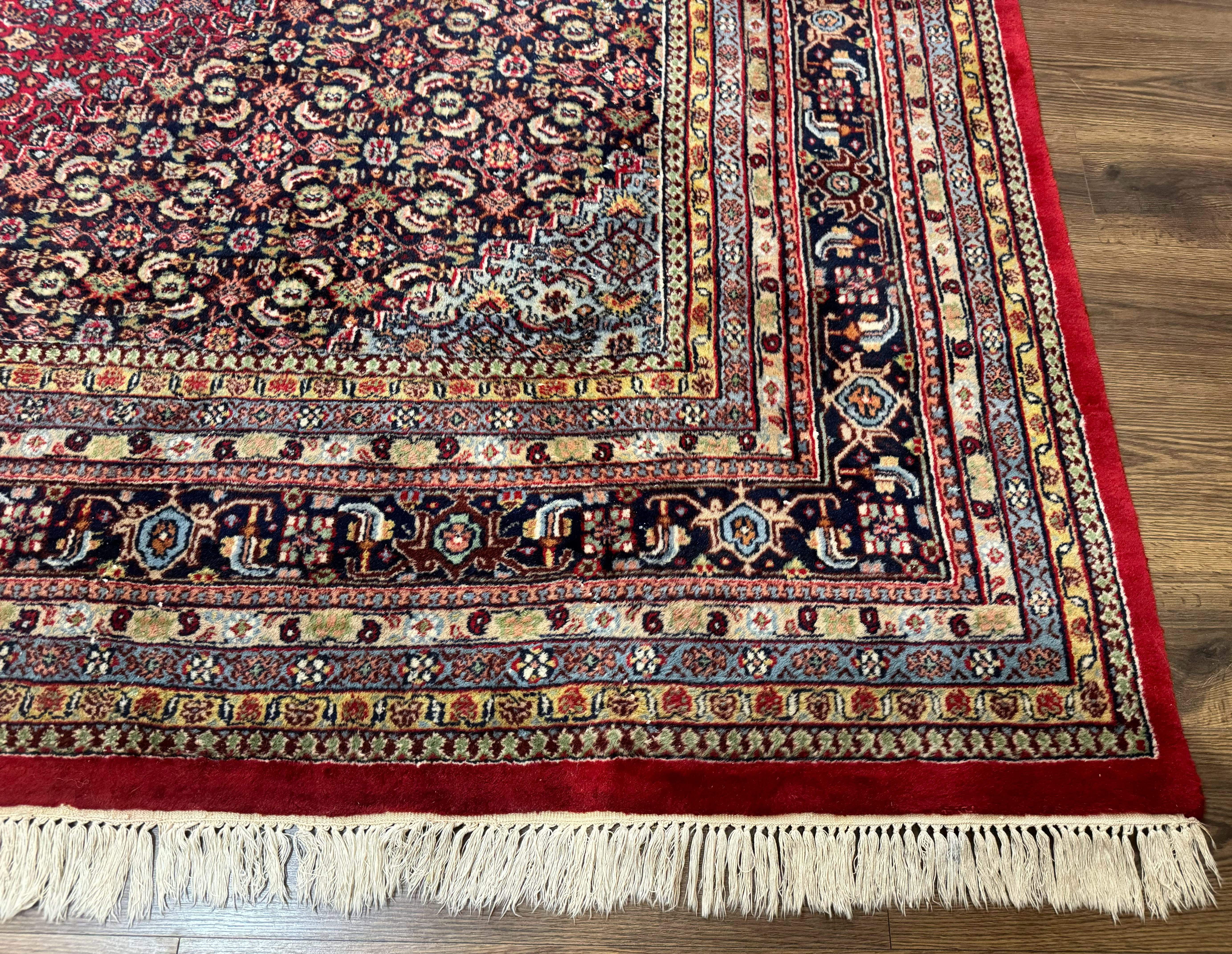 Indo Persian Bidjar Rug 10x14, Red and Dark Blue, Herati Mahi Pattern, Vintage - Jewel Rugs