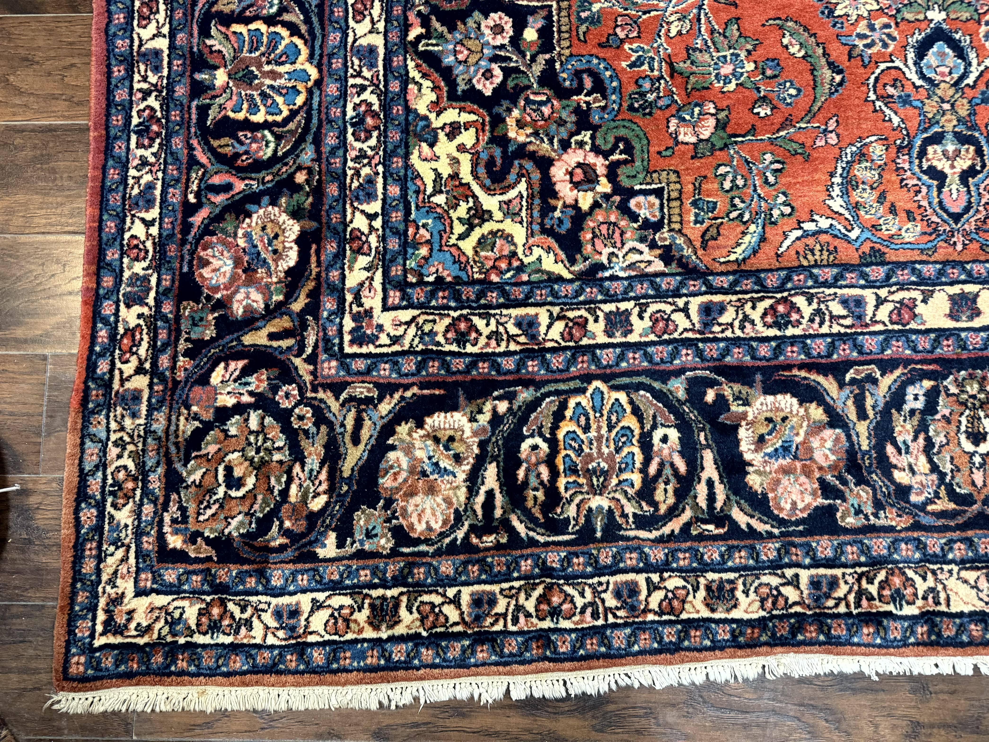 Palace Sized Antique Persian Rug 9x19, Handmade Wool Persian Carpet, Red Navy Blue, Floral Medallion - Jewel Rugs