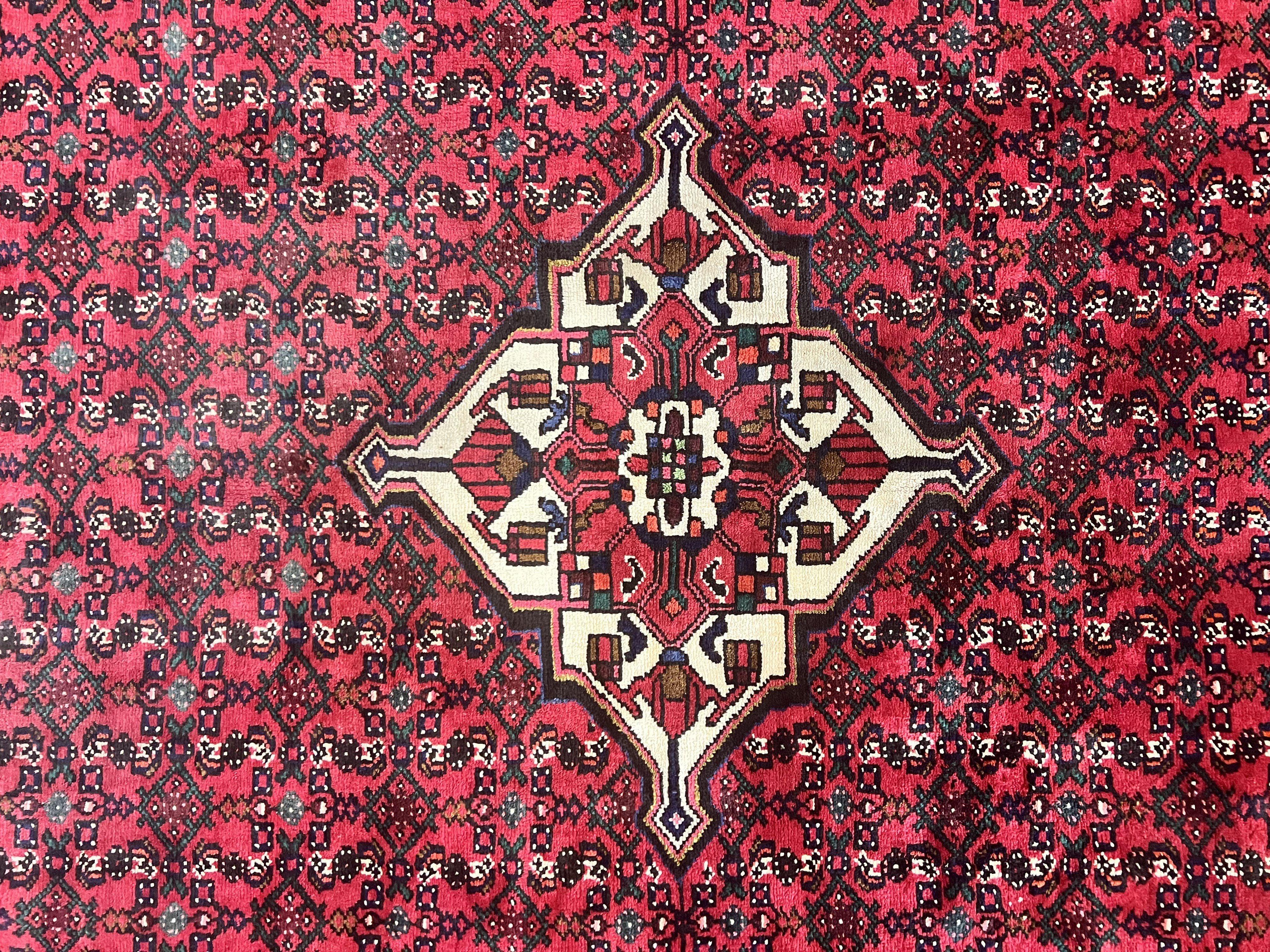 Persian Tribal Rug 7x10, Wool Handmade Semi Antique Vintage Hamadan Dargazine Carpet, Red & Ivory Allover Floral Medallion Rug, 7 x 10 Room Sized Oriental Rug - Jewel Rugs
