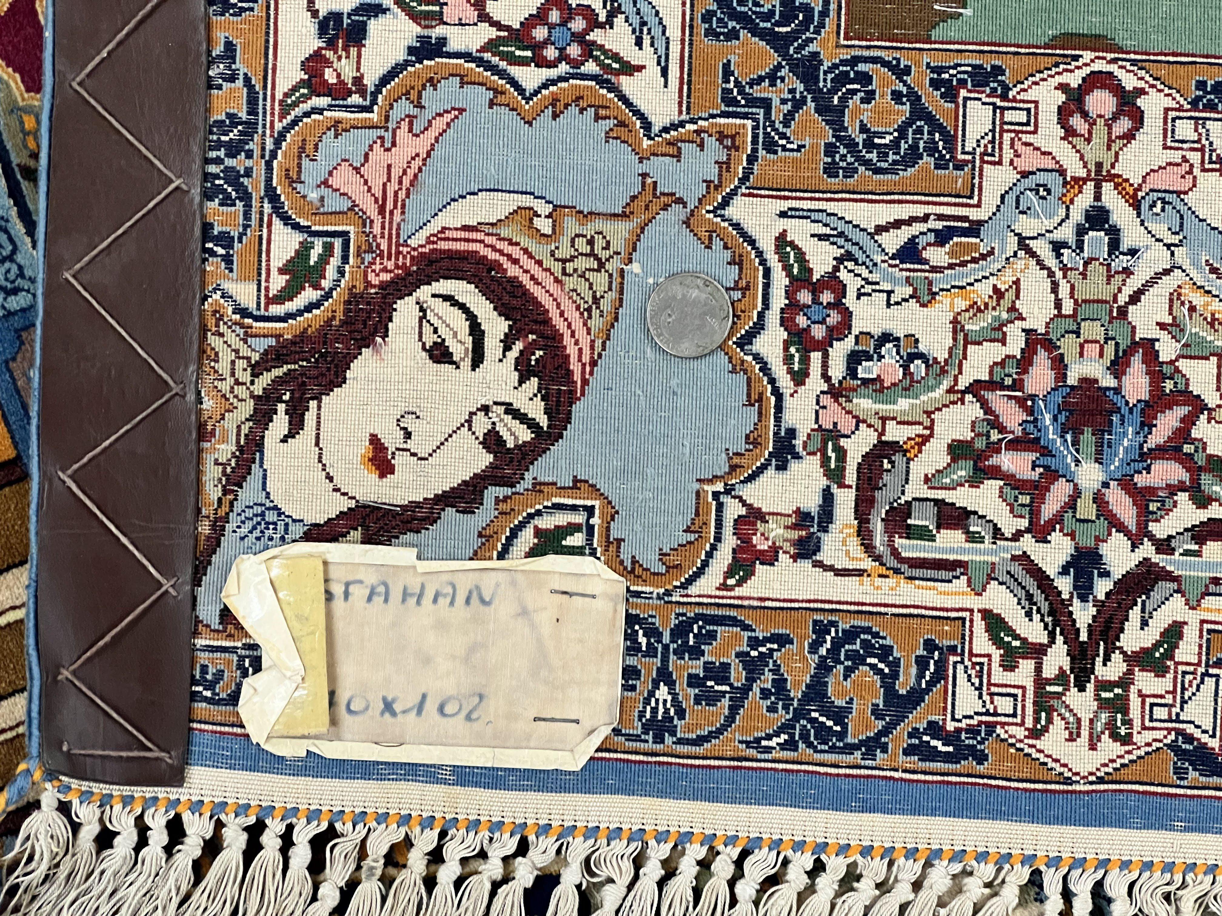 Persian Isfahan Pictoral Rug 3x6, Kork Wool on Silk Foundation, Handmade Vintage Carpet, 550 KPSI Super Fine, Lovers Palace Instruments - Jewel Rugs