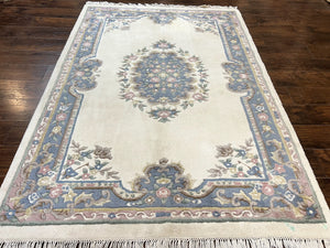 Indo Chinese Rug 6x8, Wool Handmade Vintage Carpet, Ivory & Blue, French Aubusson Carving Design, Soft Floral Rug
