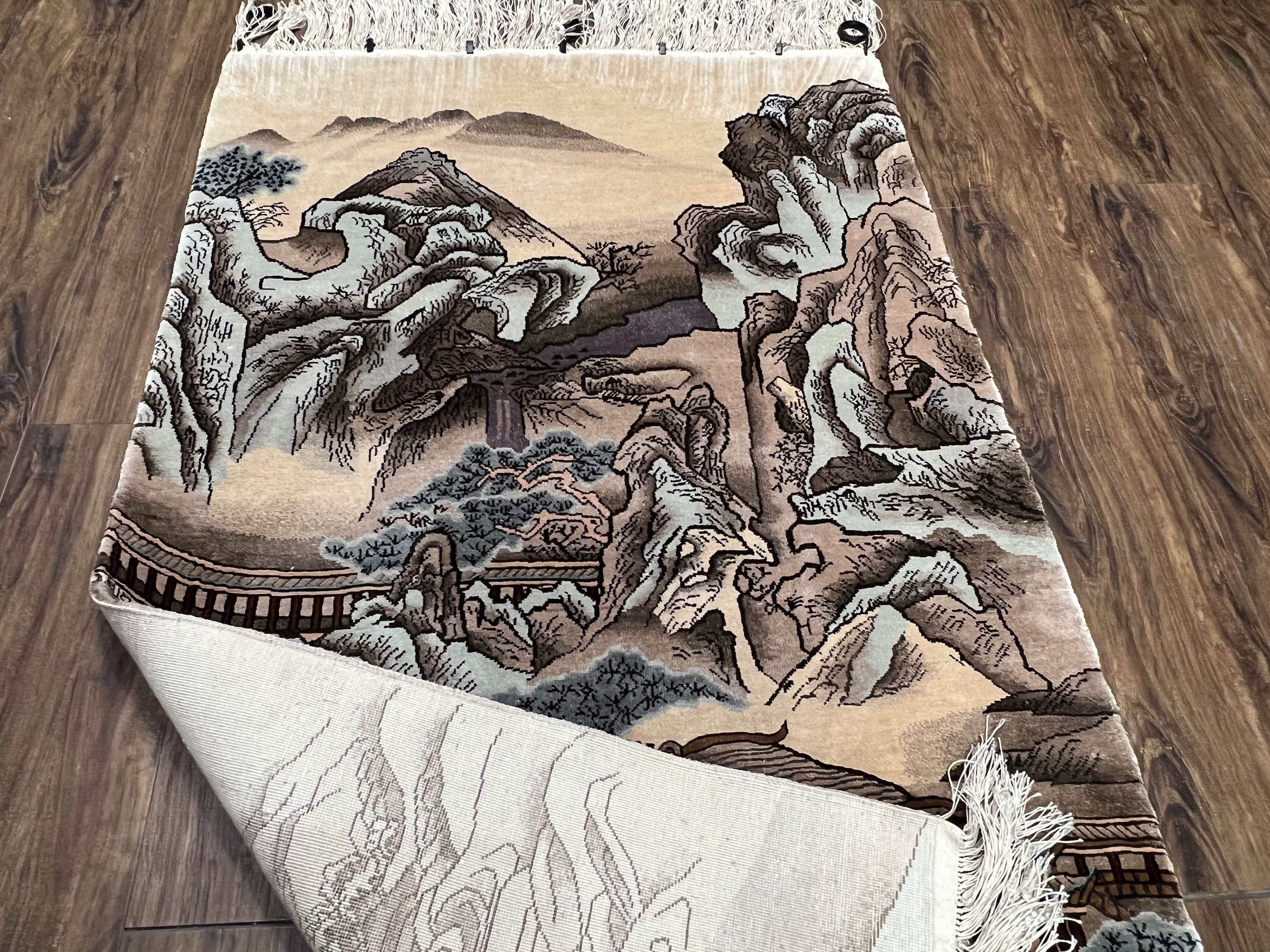 【GW特価】SHRUJAN Raw Silk Wall Hanging Silk Chinese Wall Hanging Rug 3x6 ft Tapestry, Pagoda Scene