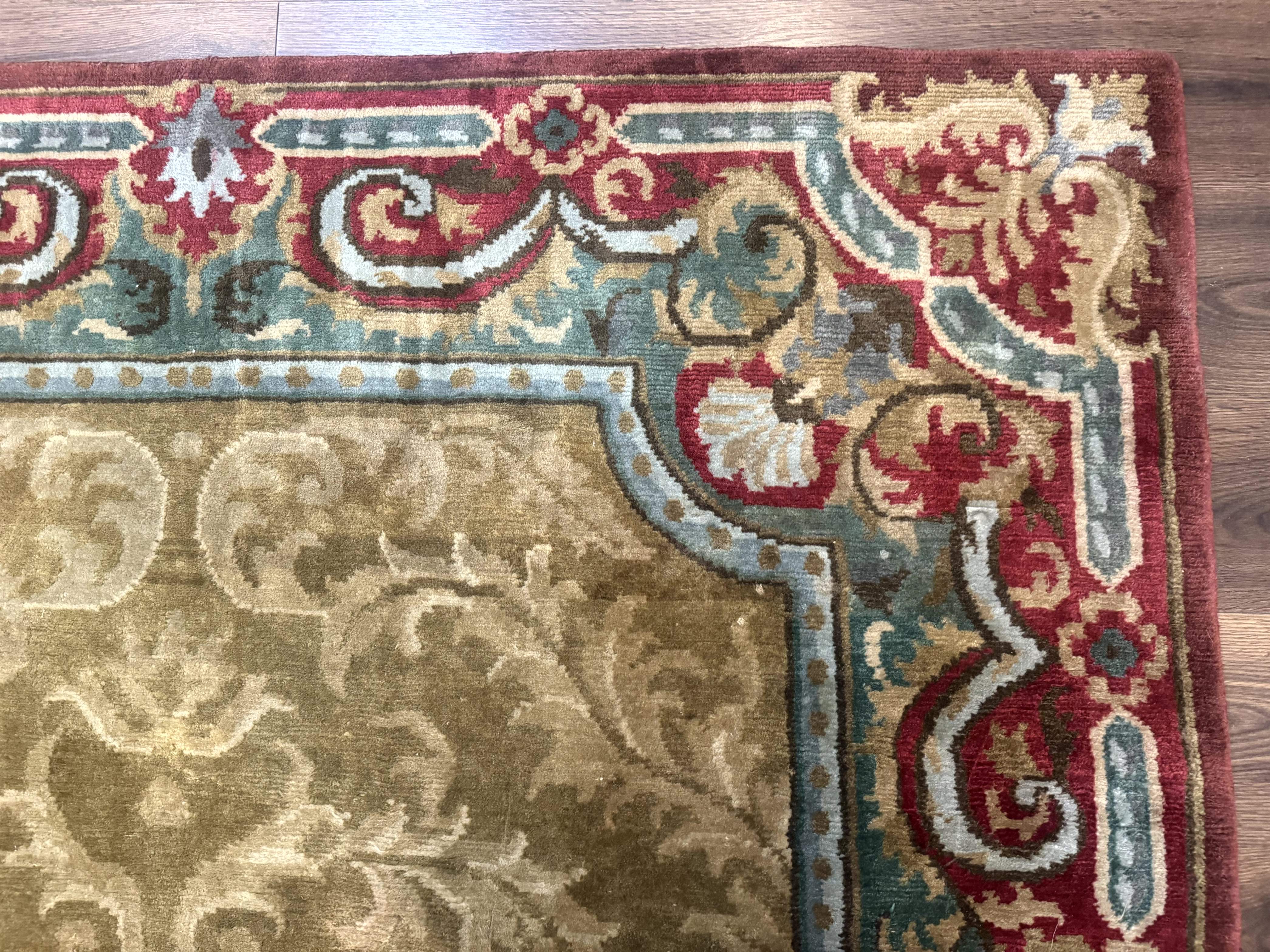 Tibetan Aubusson Rug 6x9, Gold-Beige, Soft Wool Pile, Handmade - Jewel Rugs