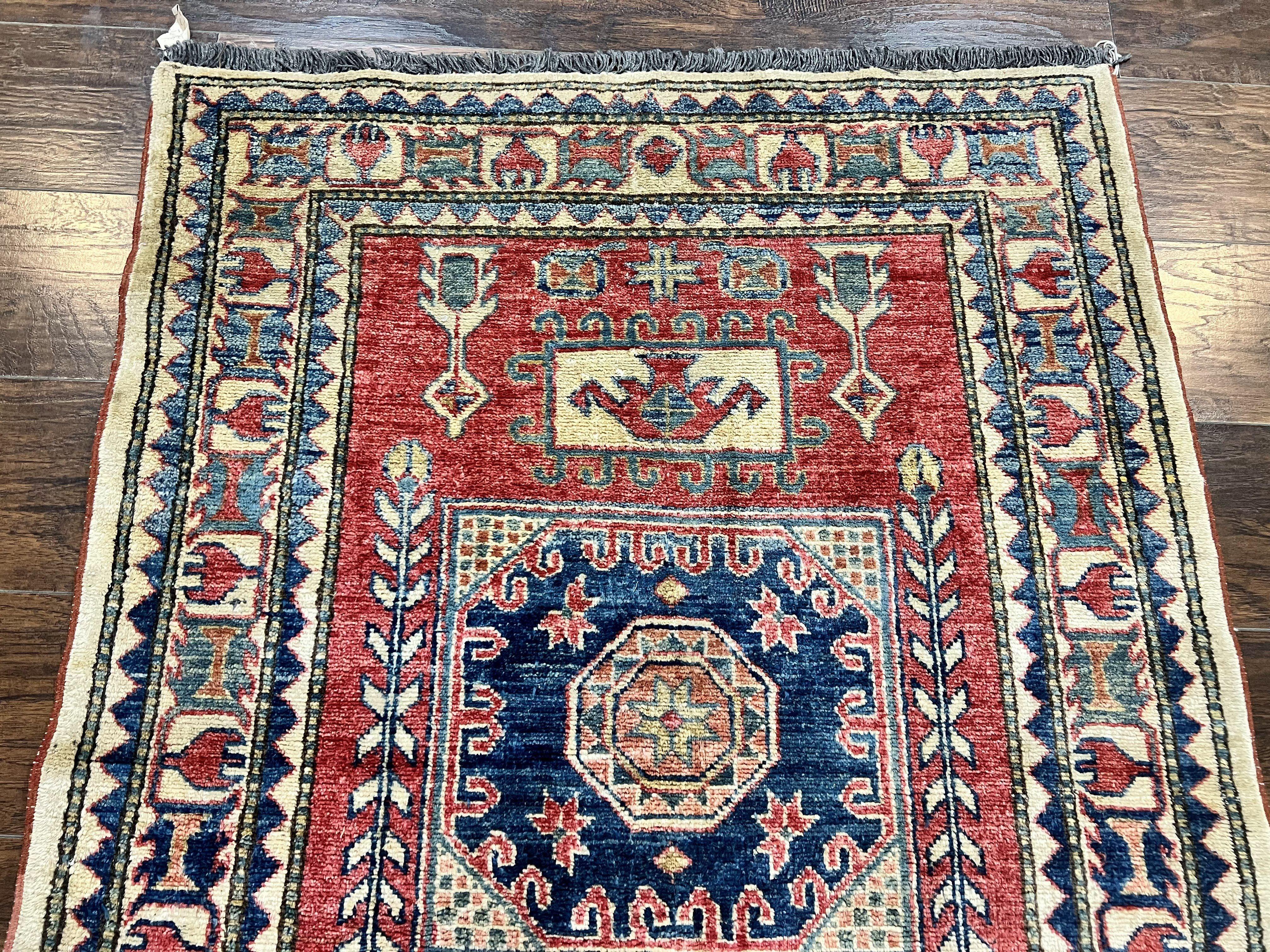Turkish Kazak Rug 3x4, Wool Hand Knotted Small Vintage Carpet, Red Navy Blue, 3 x 4 Oriental Rug, Geometric Design - Jewel Rugs