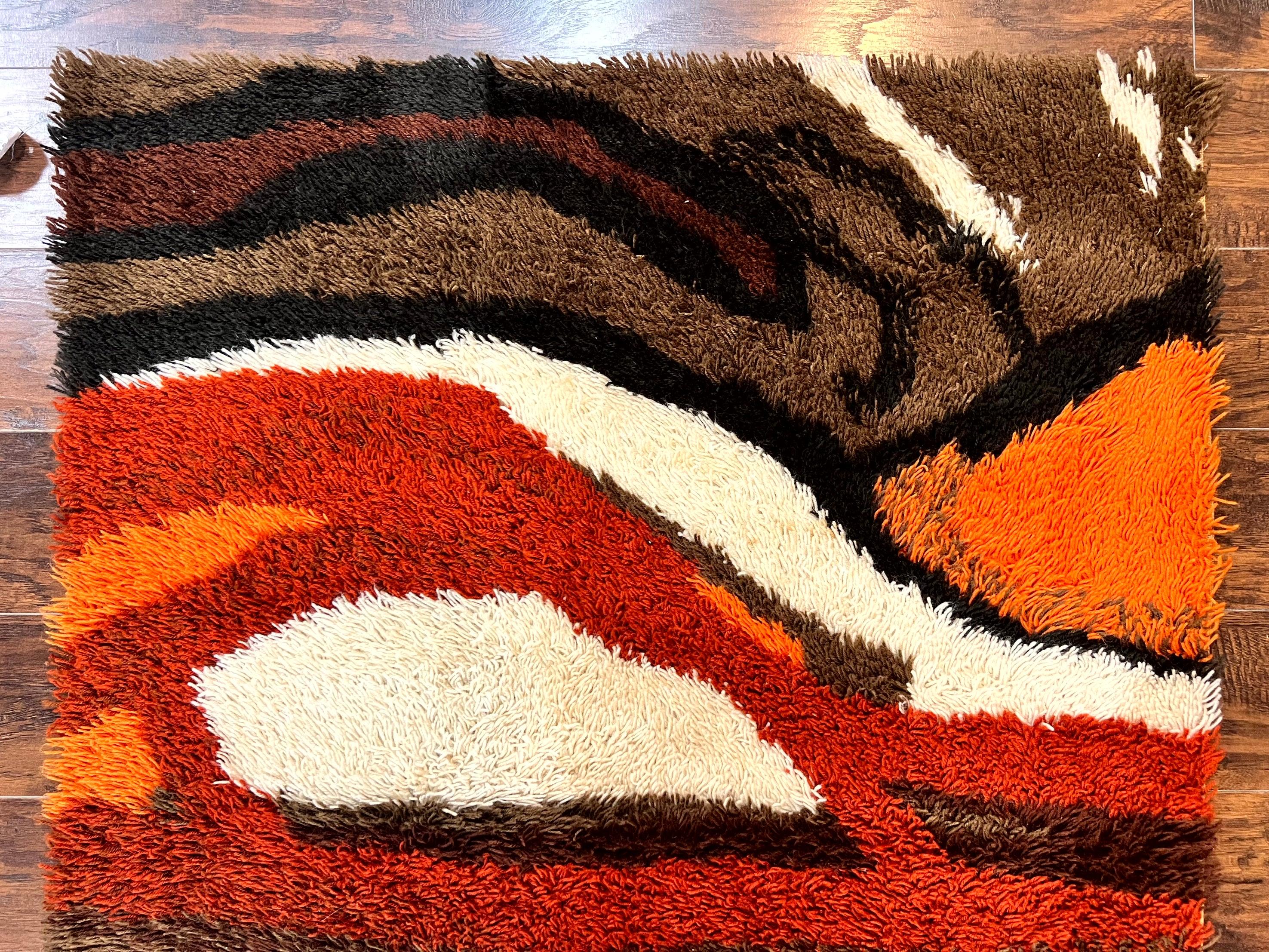 Danish Rya Rug 4x6, Mid Century Modern Abstract EGE Rya Carpet, Vintage Retro Shag Rug, Orange Brown Ivory Black - Jewel Rugs