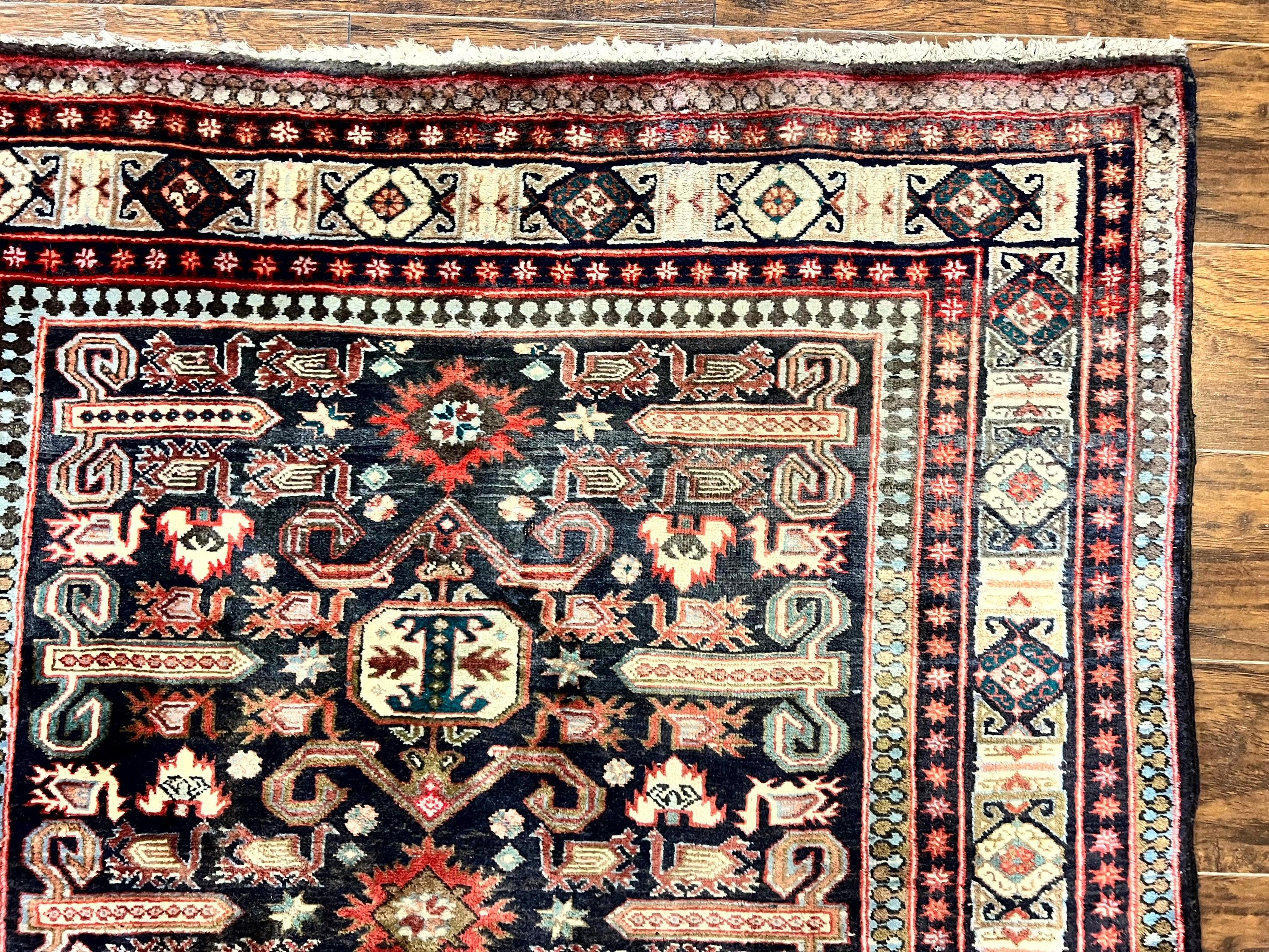 Persian Wide Runner Rug 4.8 x 10, Persian Kalegi Ardabil Rug, Perpedil Caucasian Rug, Antique Handmade Wool Carpet, Navy Blue Red, Tribal Rug - Jewel Rugs