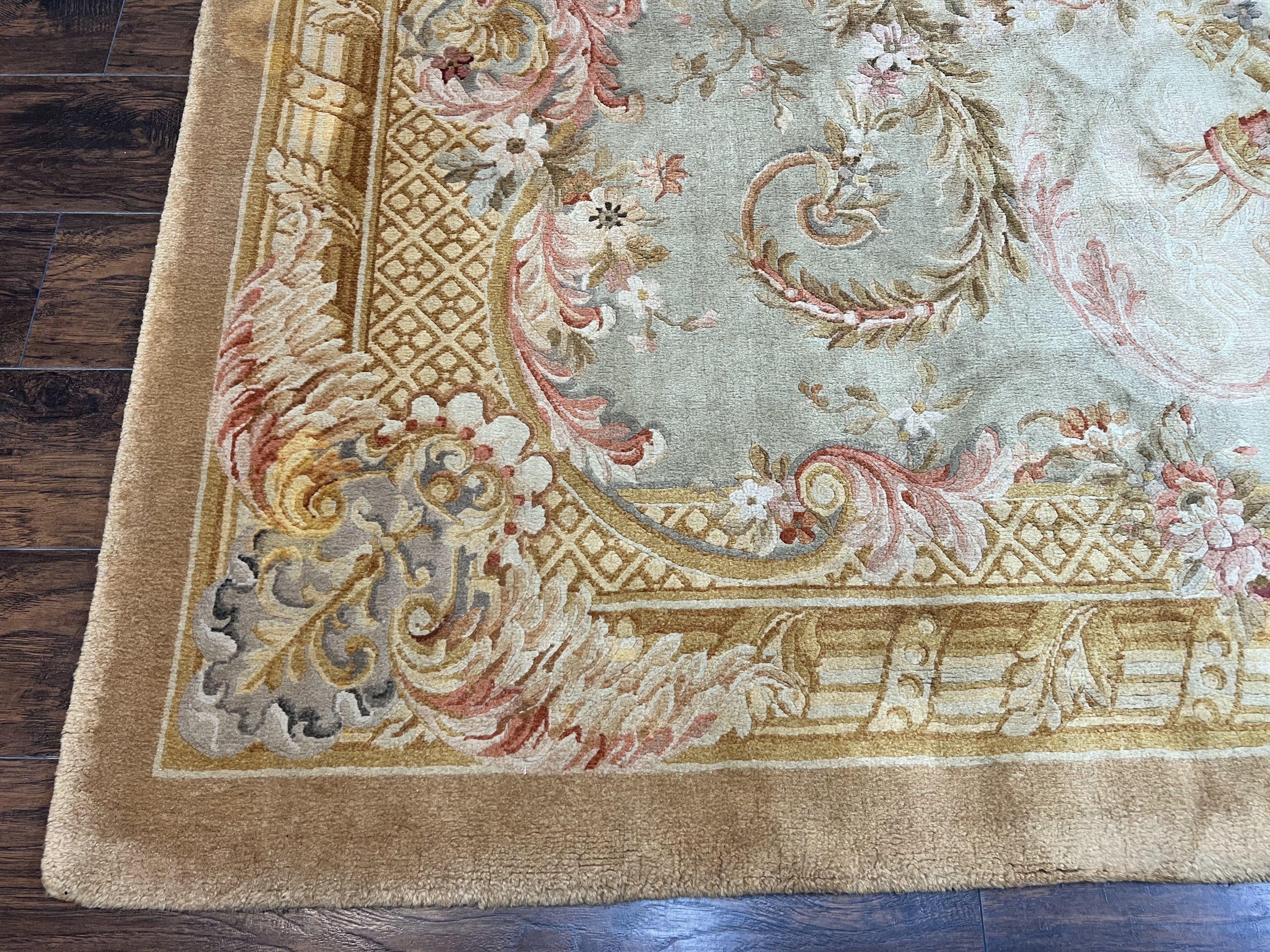Aubusson Rug 9x12, Wool Hand Knotted Vintage Carpet, European Design, Elegant Room Sized Rug 9 x 12 - Jewel Rugs