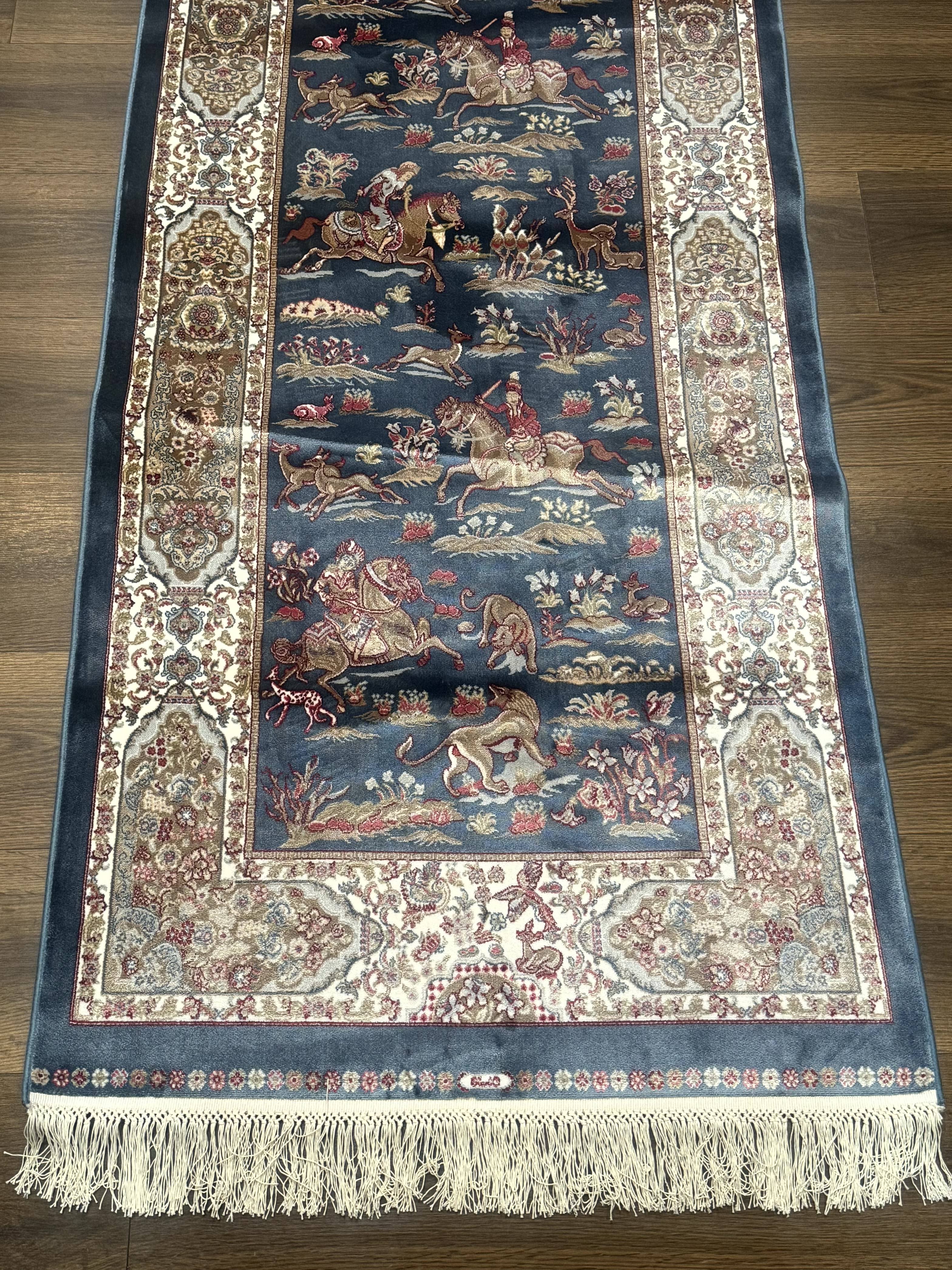 Turkish Silk Rug 2.6 x 6.7, Short Runner Rug, Blue & Ivory, Bamboo Silk, New - Jewel Rugs