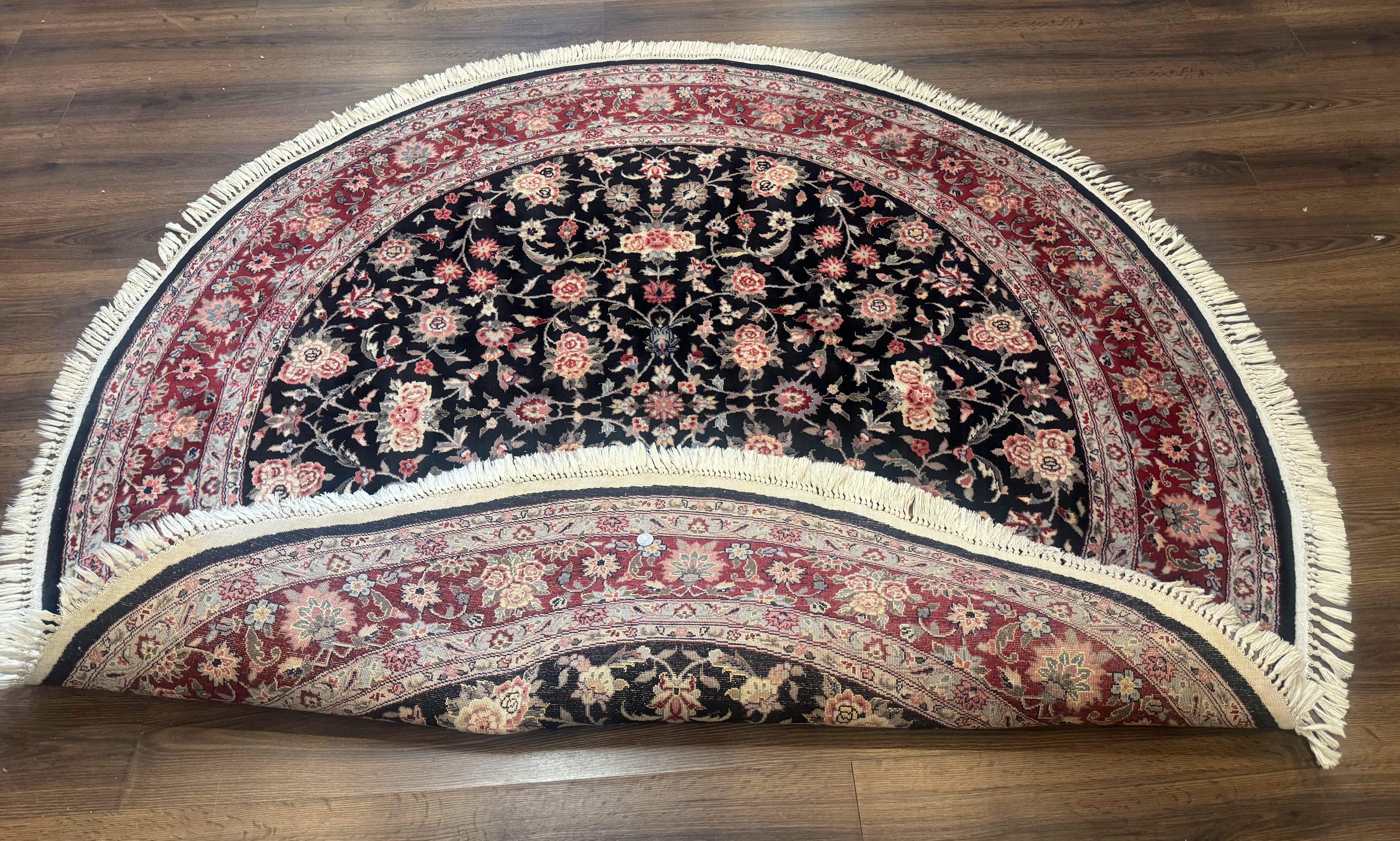 Round Sino Persian Rug 6x6, Floral, Navy Blue and Red, Wool and Silk Highlights - Jewel Rugs