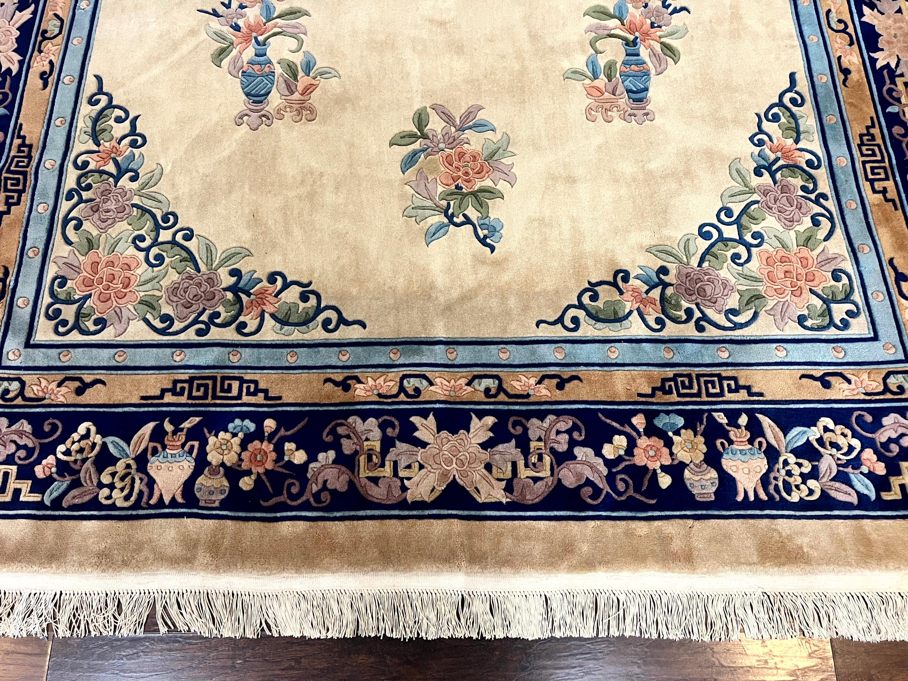 Chinese Wool Rug 8x11, Peking Asian Oriental Carpet, Cream/Ivory and Blue, Vintage Handmade Rug, Art Deco Rug - Jewel Rugs