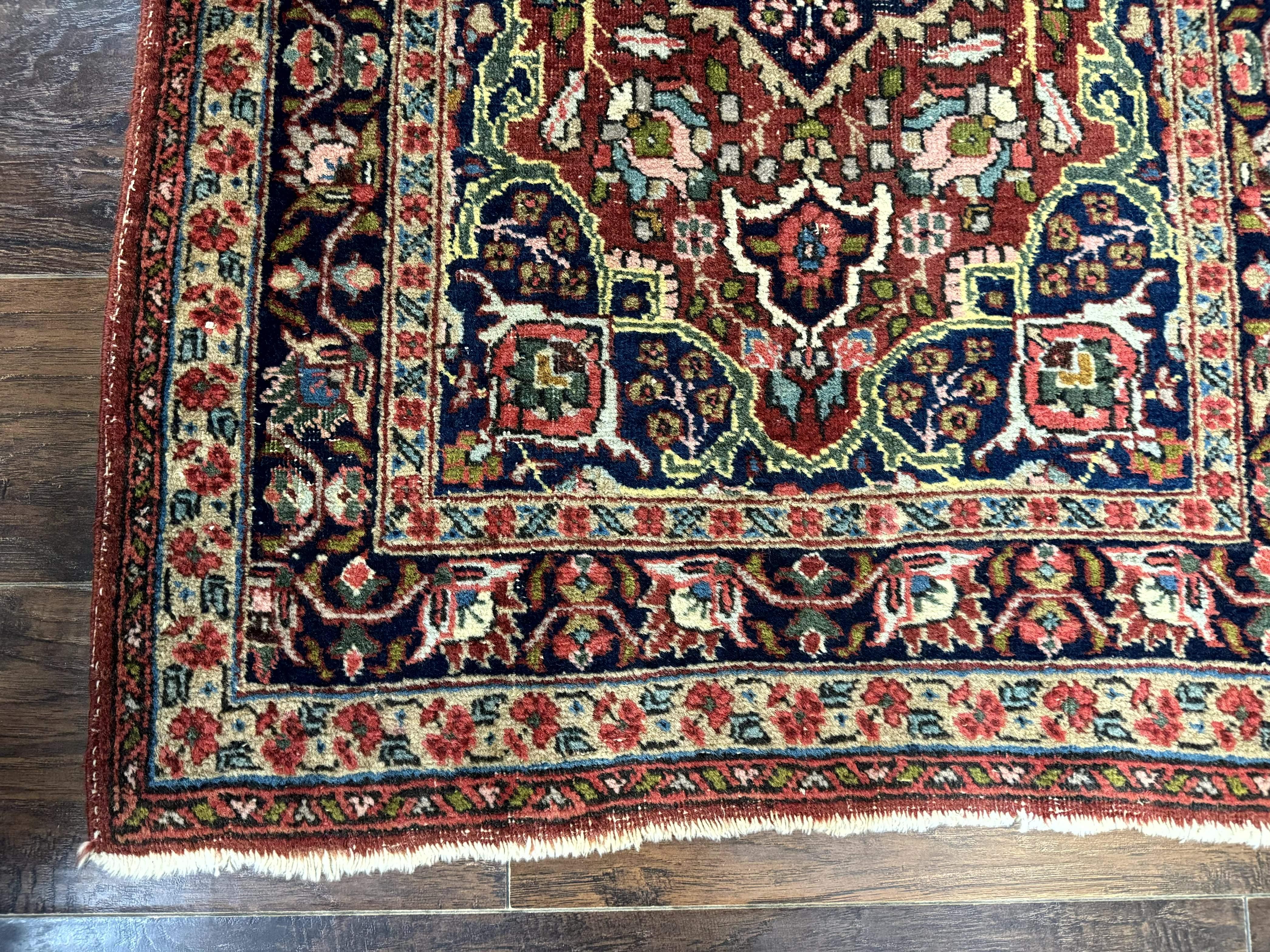Antique Persian Tabriz Rug 3x5, Brick Red Navy Blue, Floral Medallion, Small Persian Carpet - Jewel Rugs