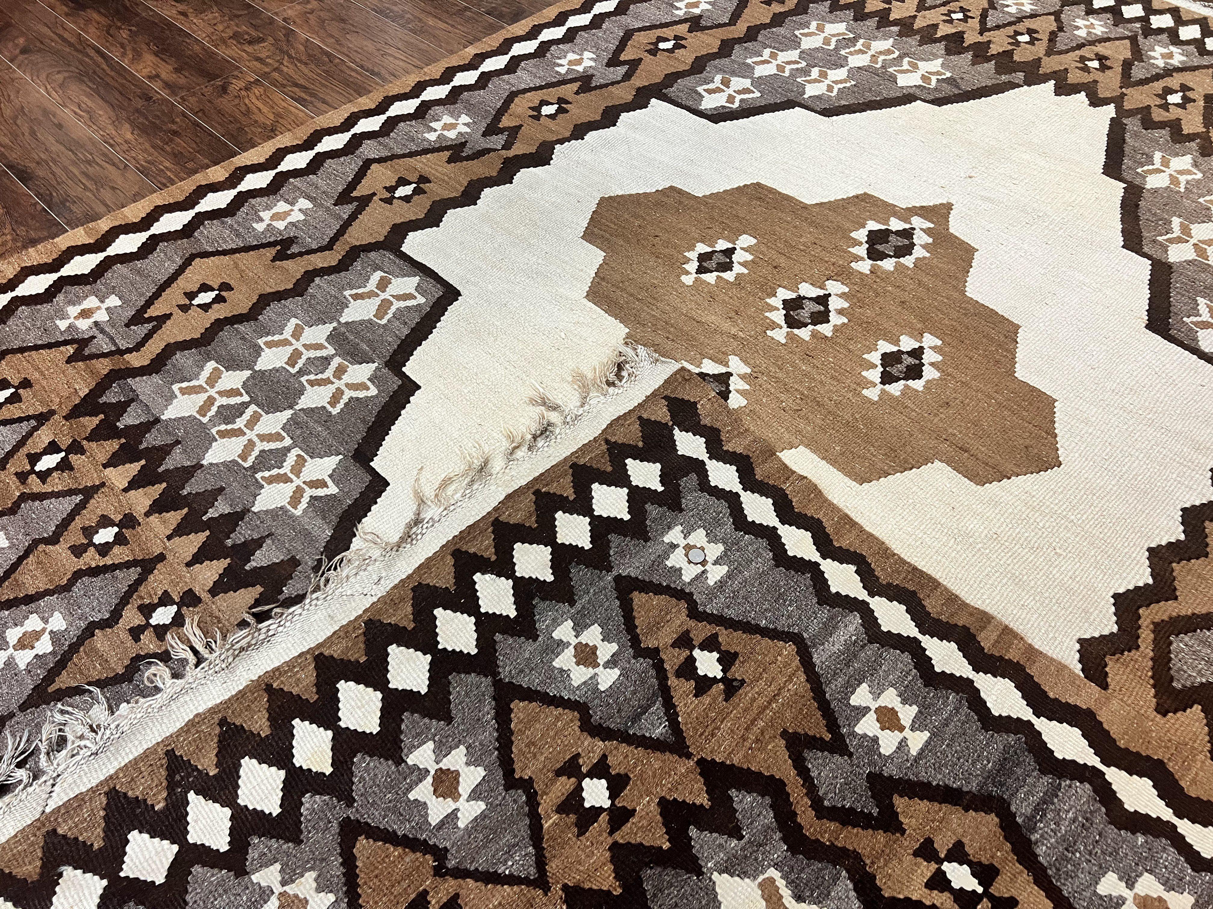 Antique Persian Fars Kilim Rug 8x11, Wool, Boho Tribal Persian Shiraz Flatweave Carpet, Semi Open Field, Geometric, Handmade, Vintage Semi Antique - Jewel Rugs