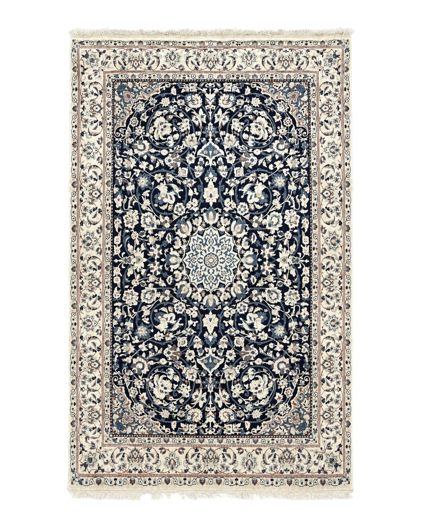 Persian Nain Rug 4x6, Navy Blue and Ivory, Very Fine 625 KPSI