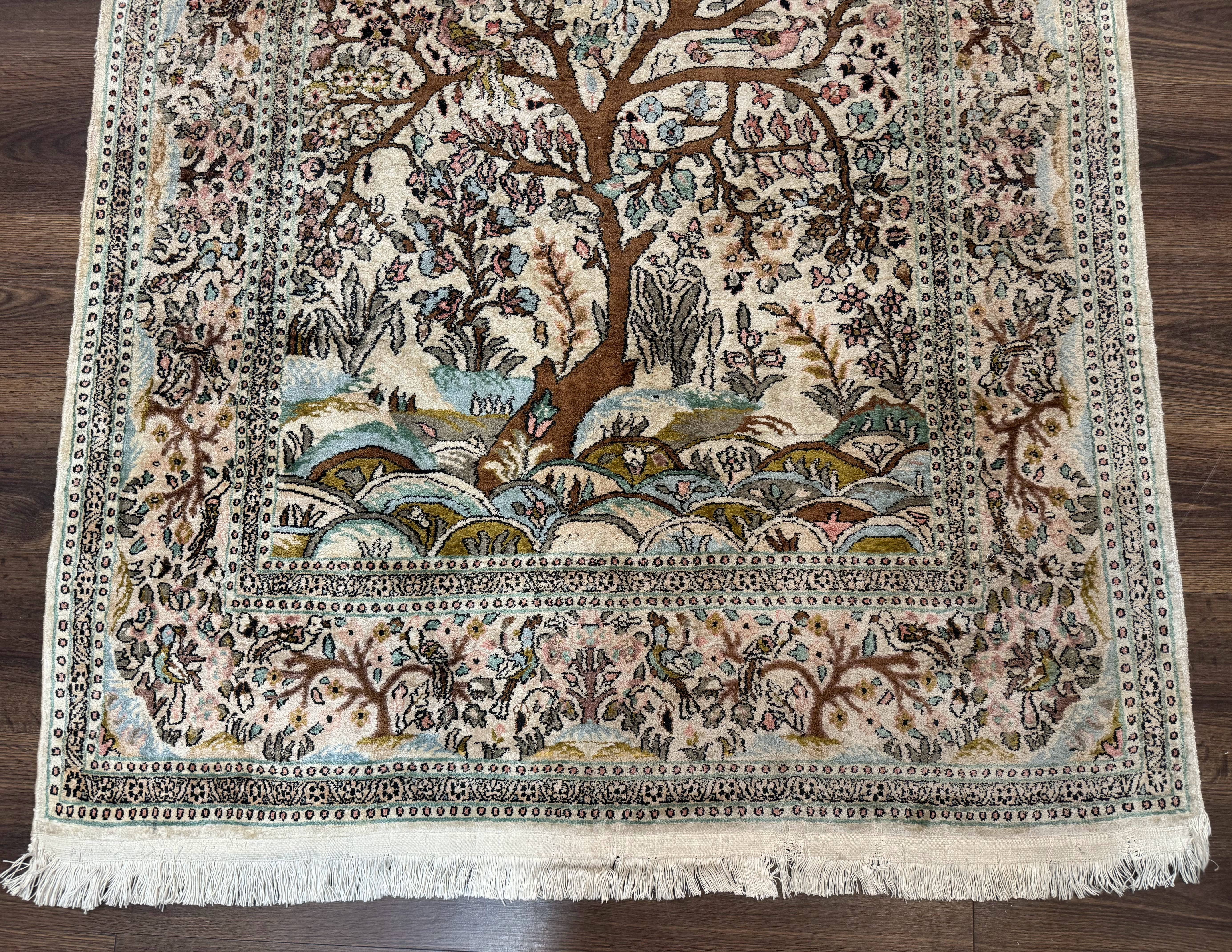 Indian Kashmiri Silk Rug 4x7, Tree of Life Design, Very Fine 380 KPSI, Birds - Jewel Rugs