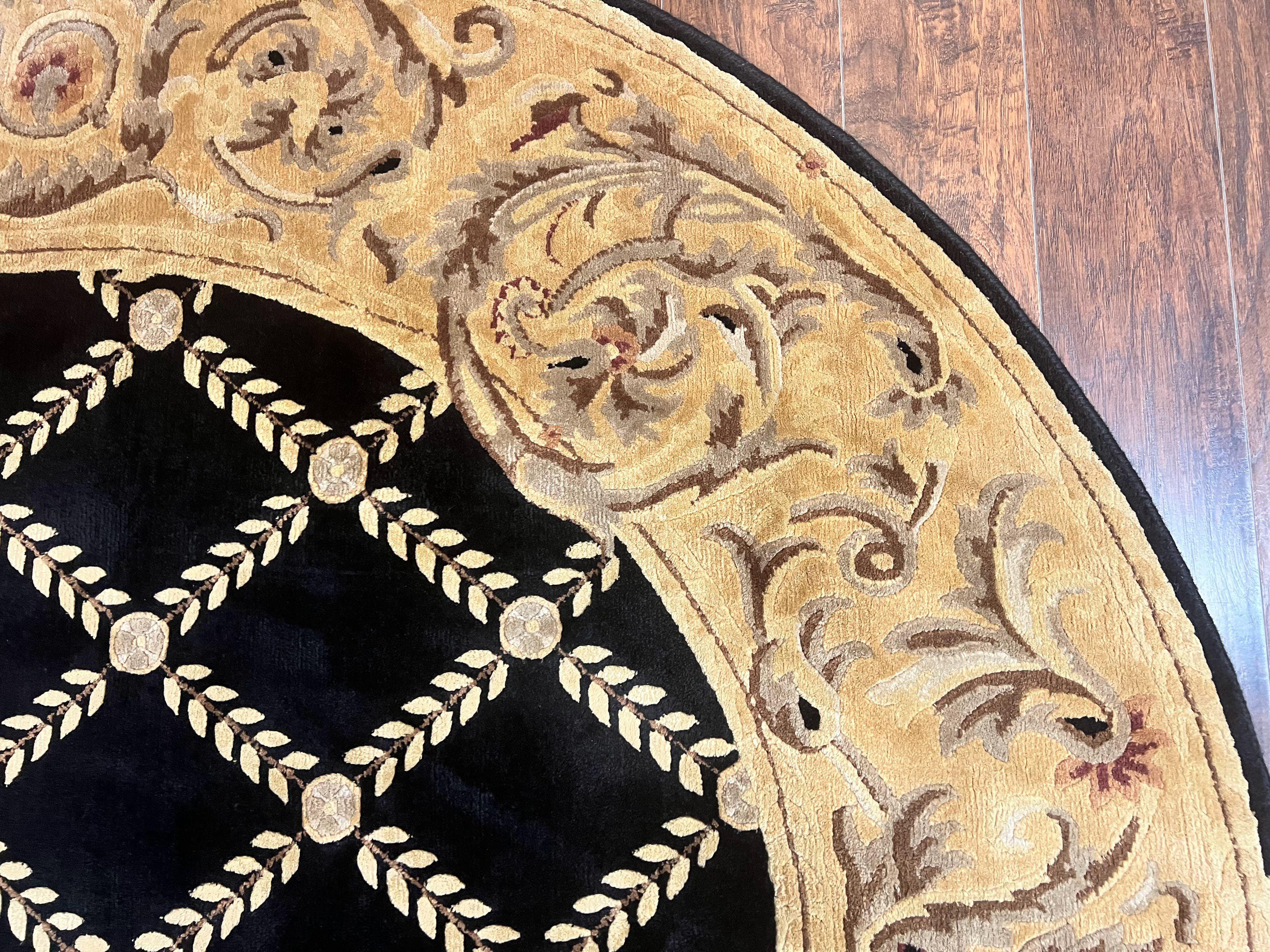 Oval Tibetan Rug 8x10, French Aubusson Design, Wool Handmade Vintage Carpet, Black & Beige, Soft Wool Pile - Jewel Rugs